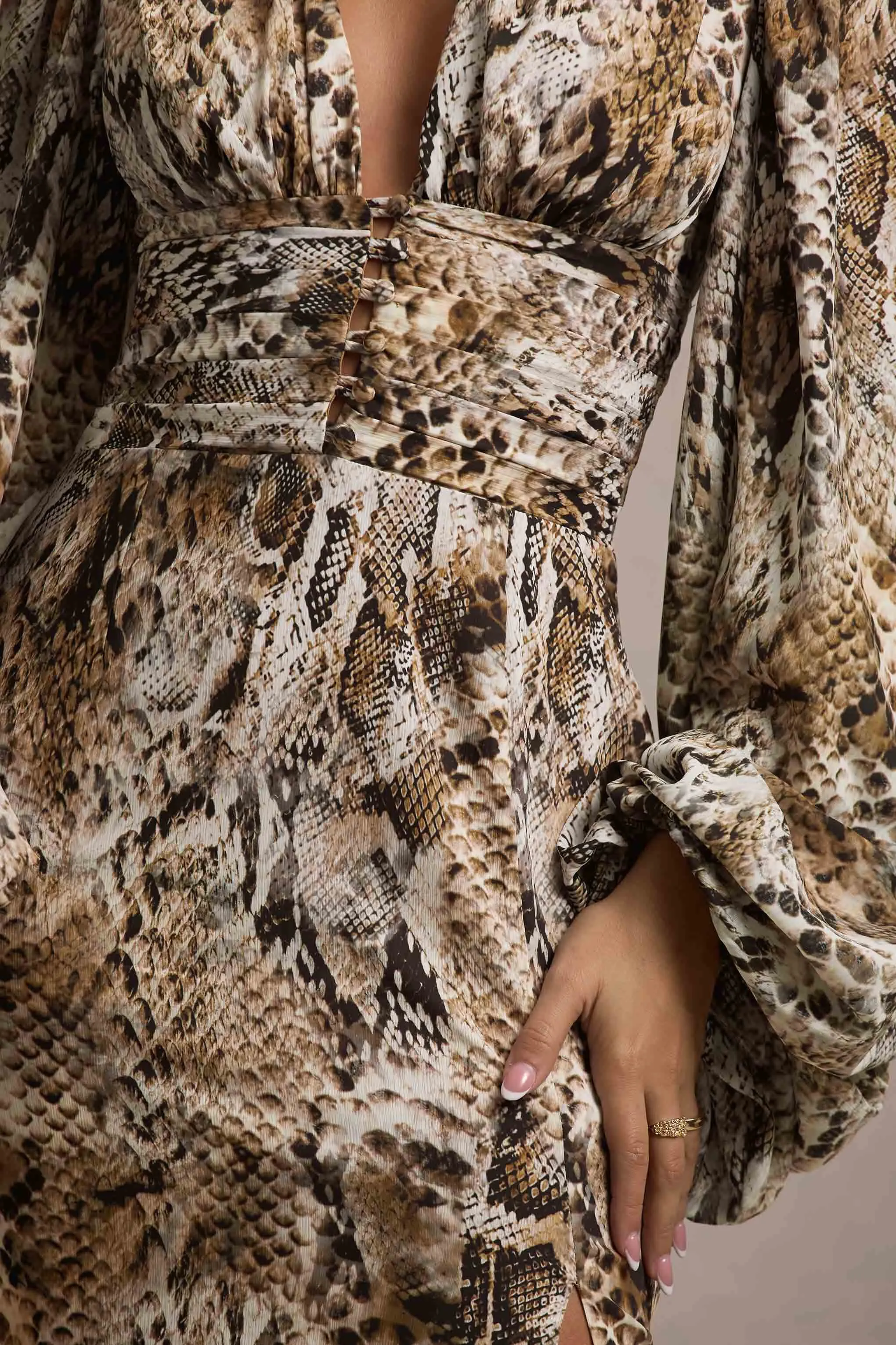 Casarile | Snake Print V-Neck Balloon Sleeve Maxi Dress Club L London