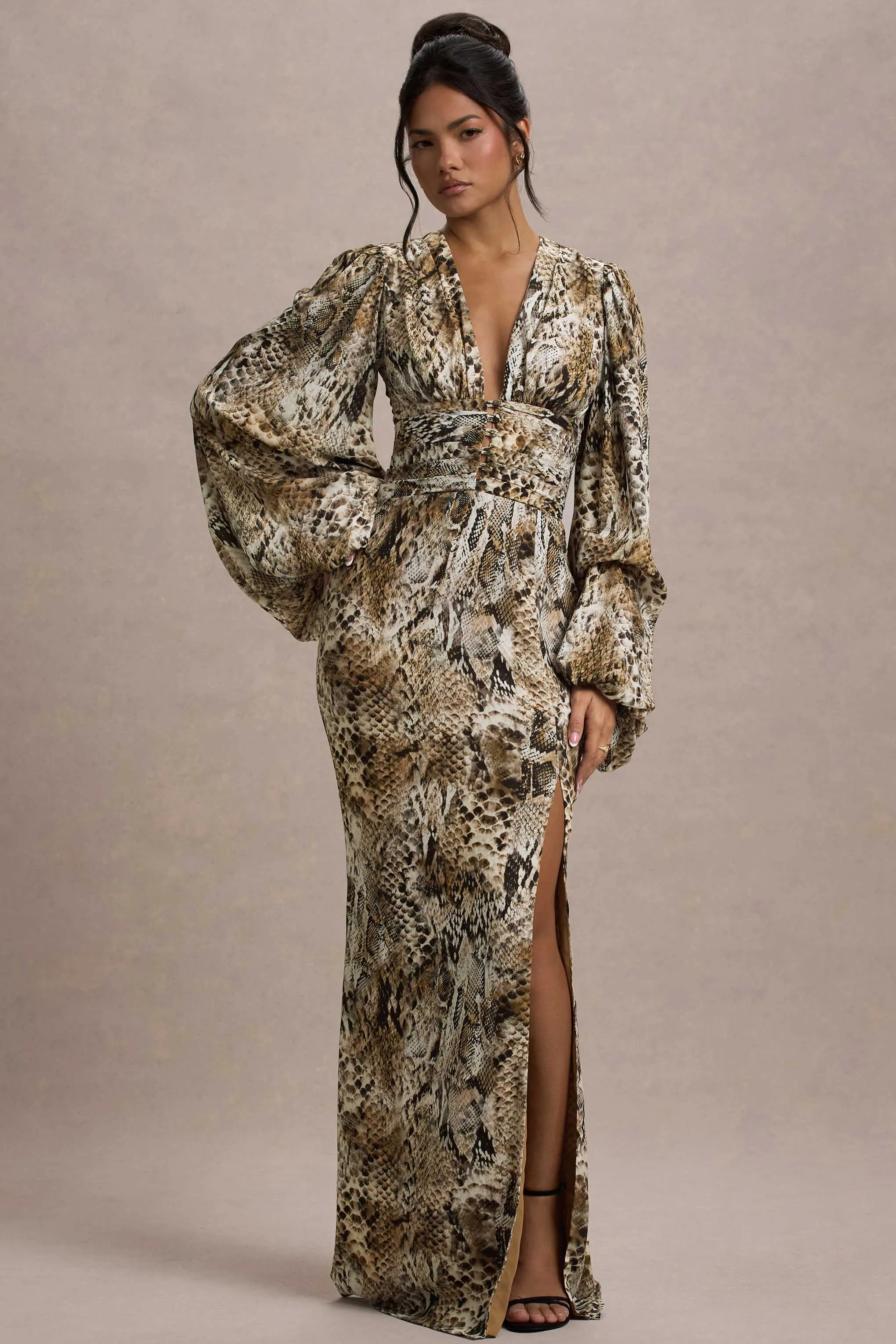 Casarile | Snake Print V-Neck Balloon Sleeve Maxi Dress Club L London