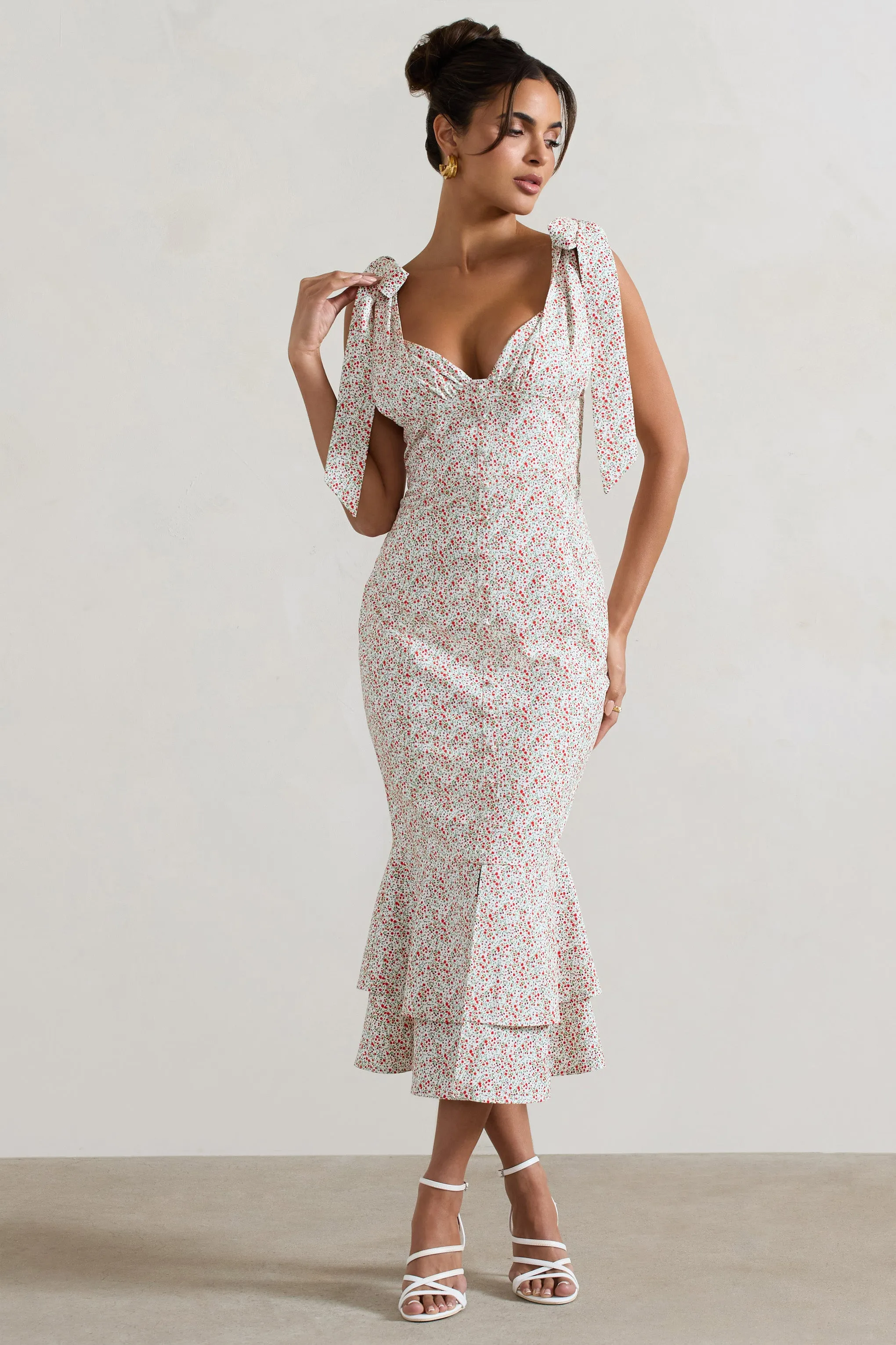 Caserta | White & Red Floral Buttoned Midi Dress With Flared Hem Club L London
