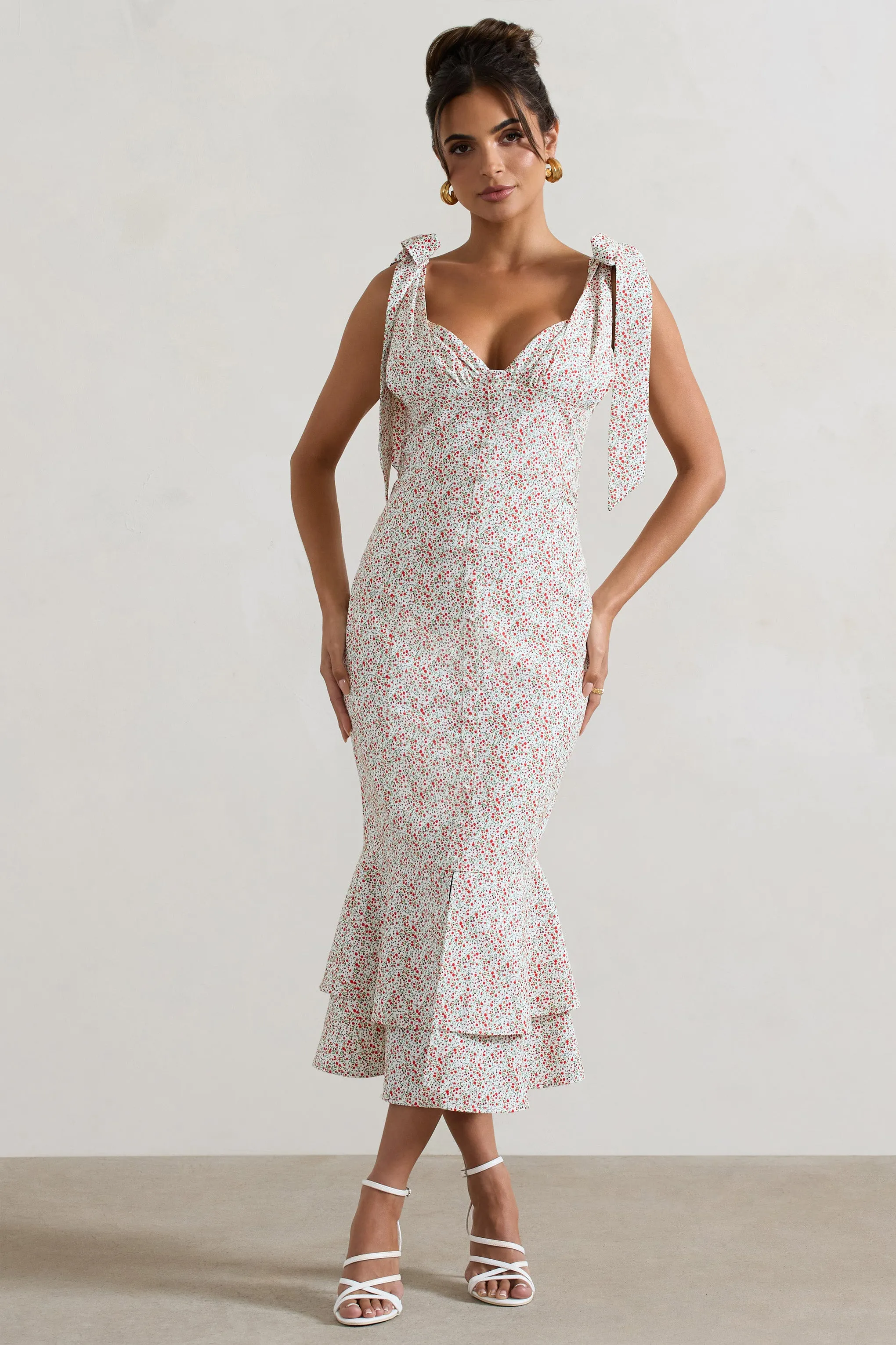 Caserta | White & Red Floral Buttoned Midi Dress With Flared Hem Club L London