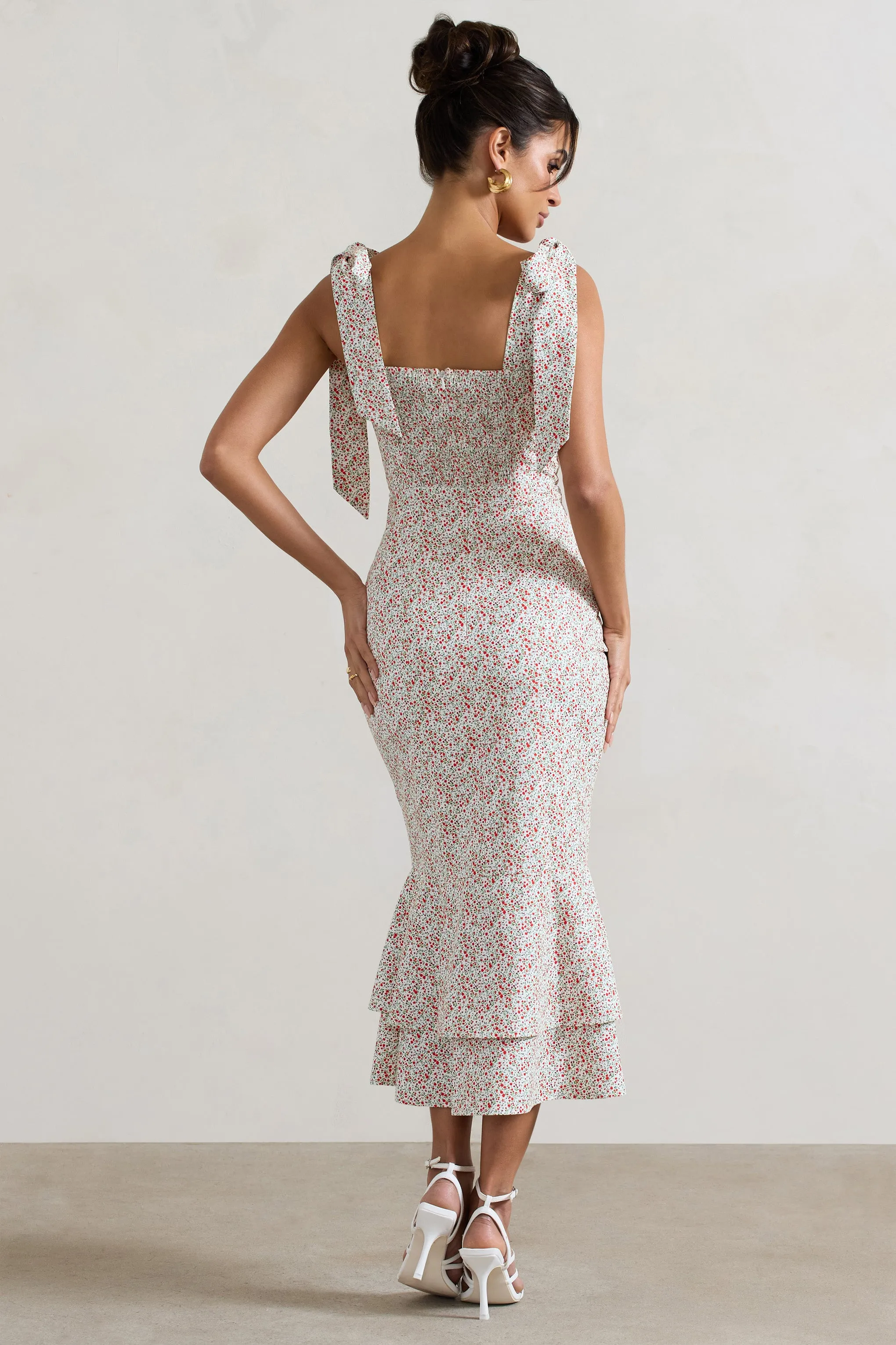 Caserta | White & Red Floral Buttoned Midi Dress With Flared Hem Club L London