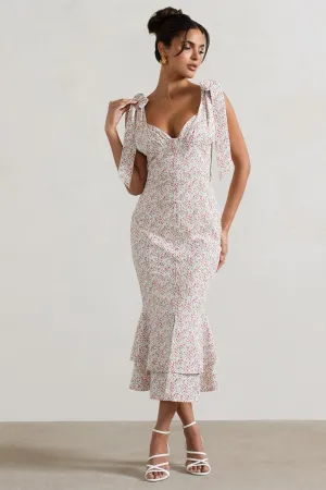 Caserta | White & Red Floral Buttoned Midi Dress With Flared Hem Club L London