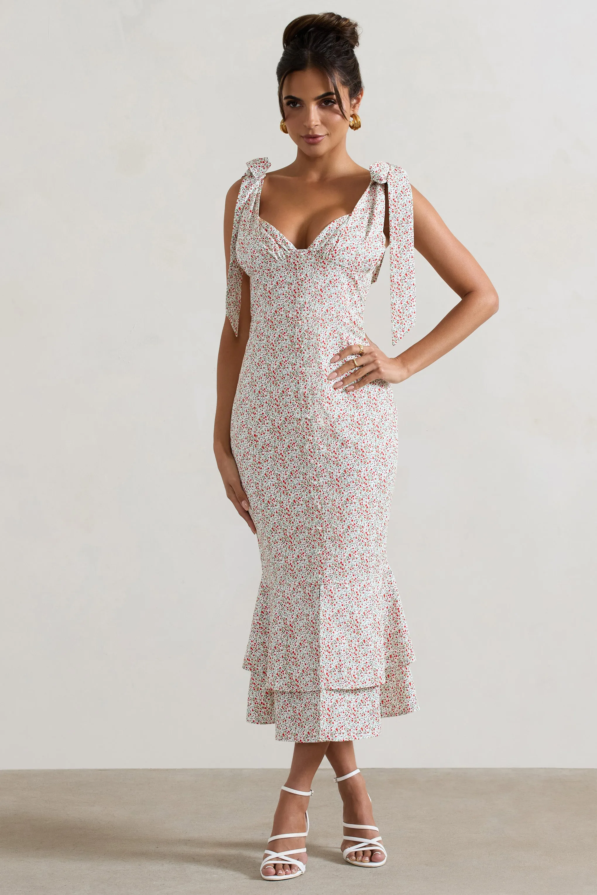 Caserta | White & Red Floral Buttoned Midi Dress With Flared Hem Club L London