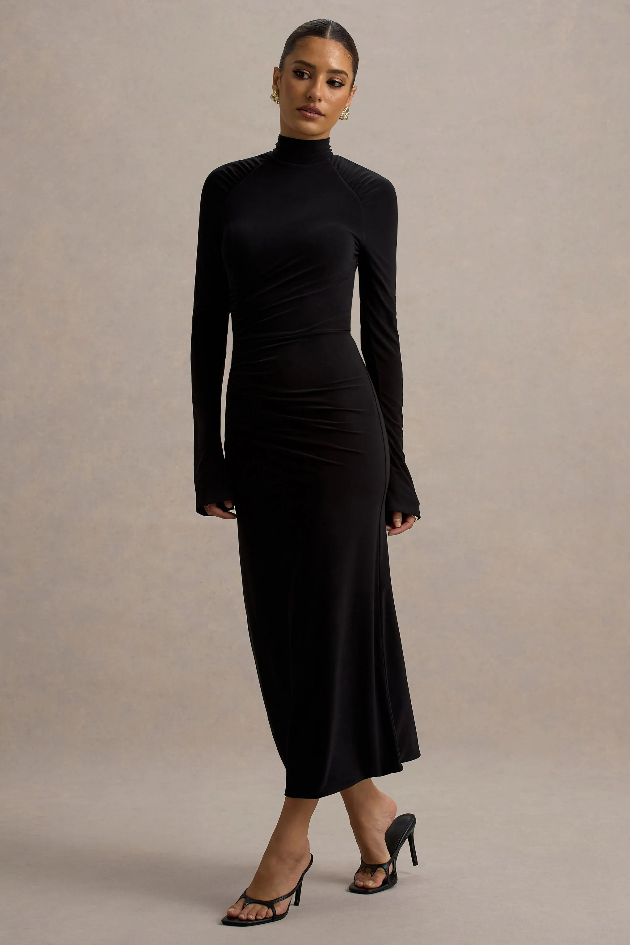 Cassandra | Black High-Neck Long-Sleeve Midi Dress Club L London