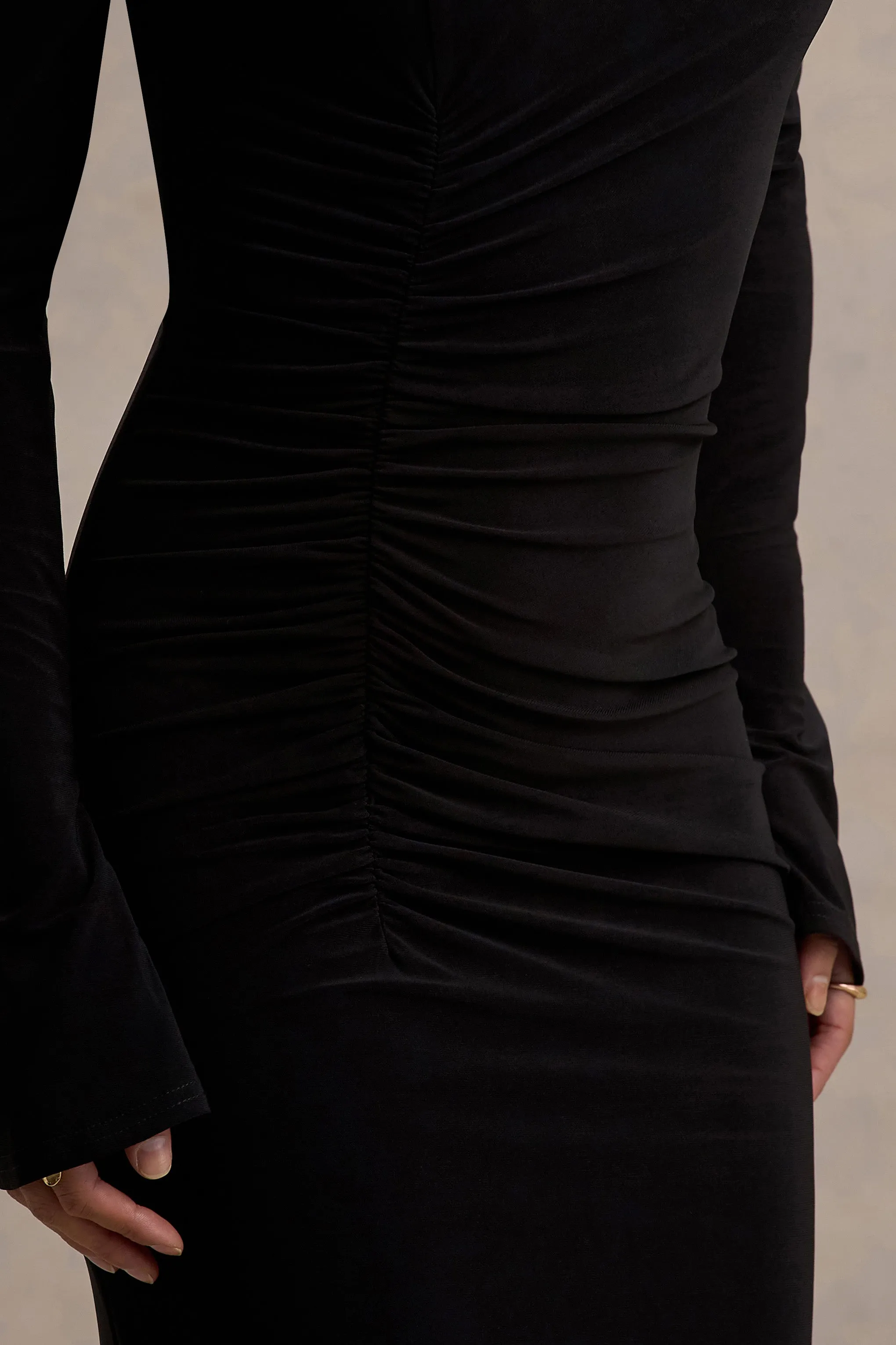Cassandra | Black High-Neck Long-Sleeve Midi Dress Club L London