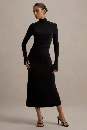 Cassandra | Black High-Neck Long-Sleeve Midi Dress Club L London