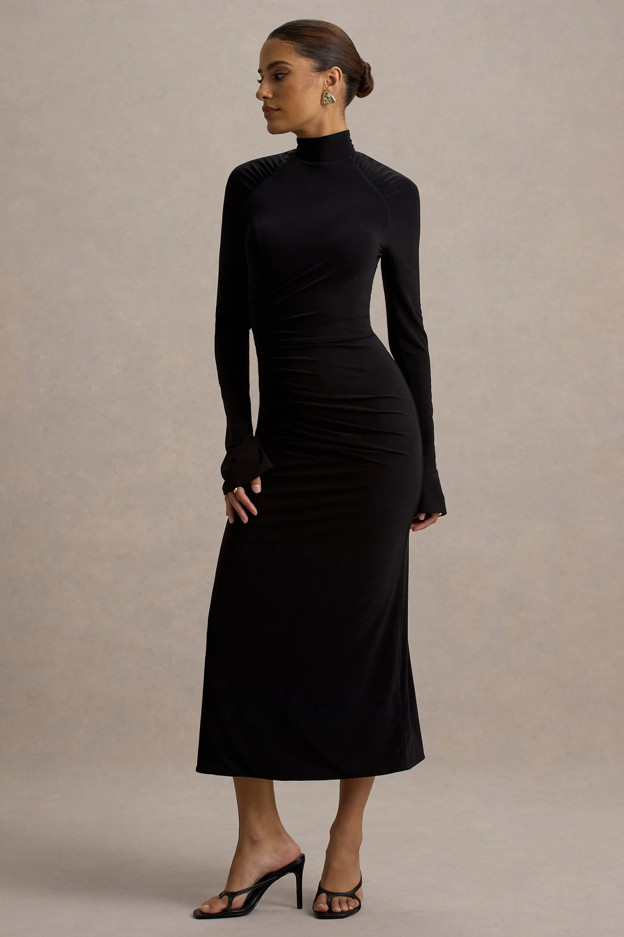 Cassandra | Black High-Neck Long-Sleeve Midi Dress Club L London