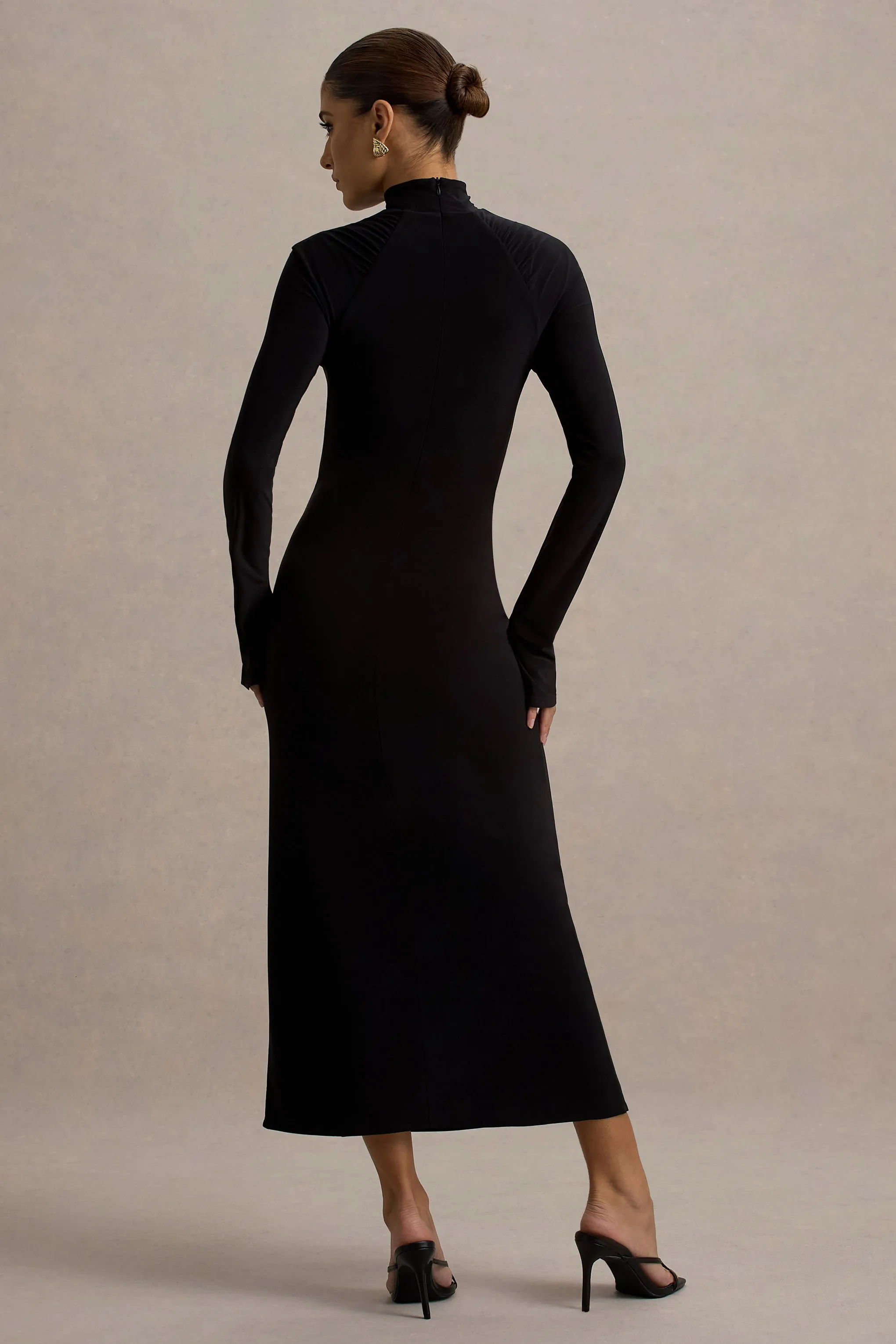 Cassandra | Black High-Neck Long-Sleeve Midi Dress Club L London