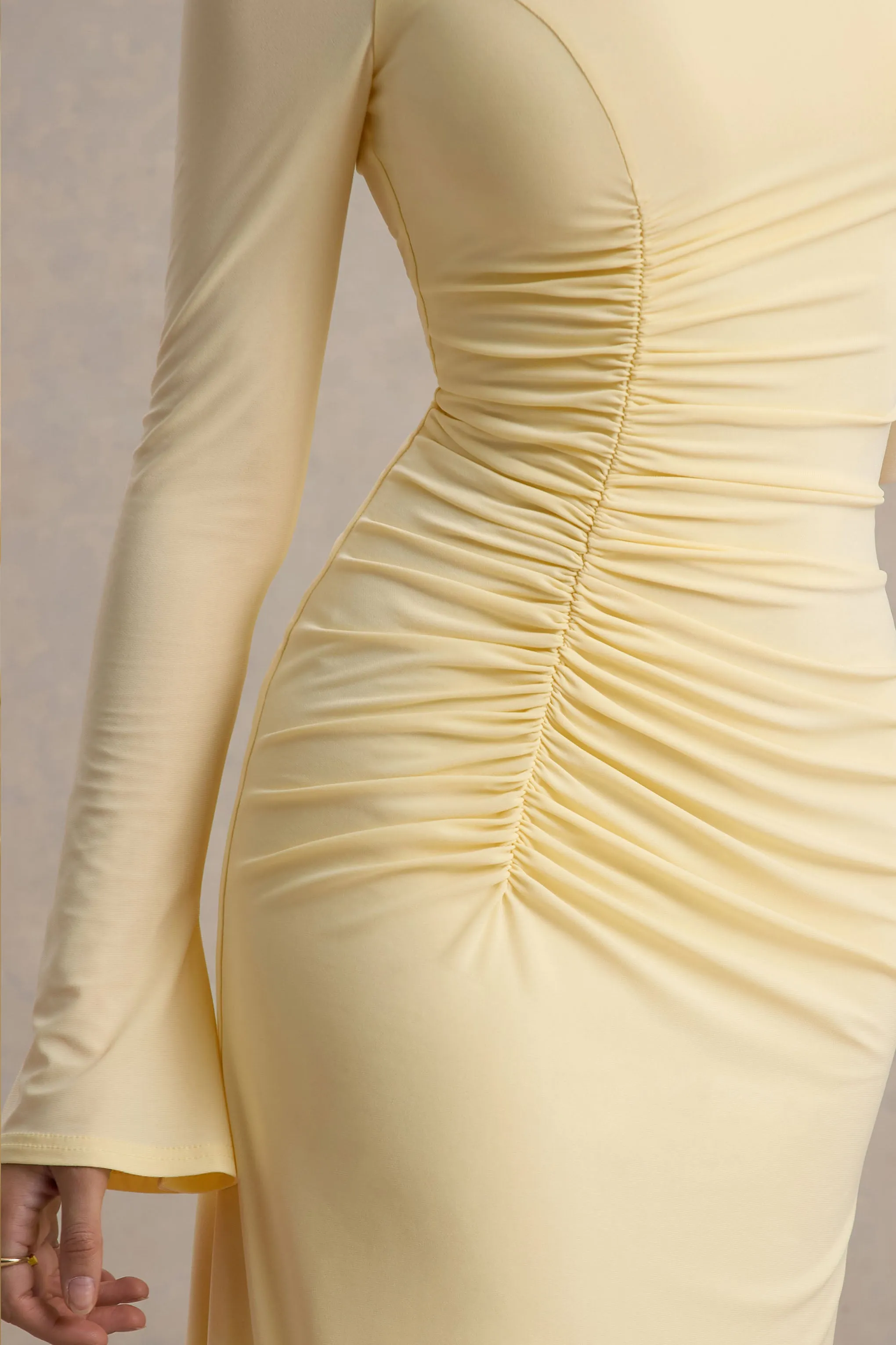 Cassandra | Pale Lemon High-Neck Long-Sleeve Midi Dress Club L London