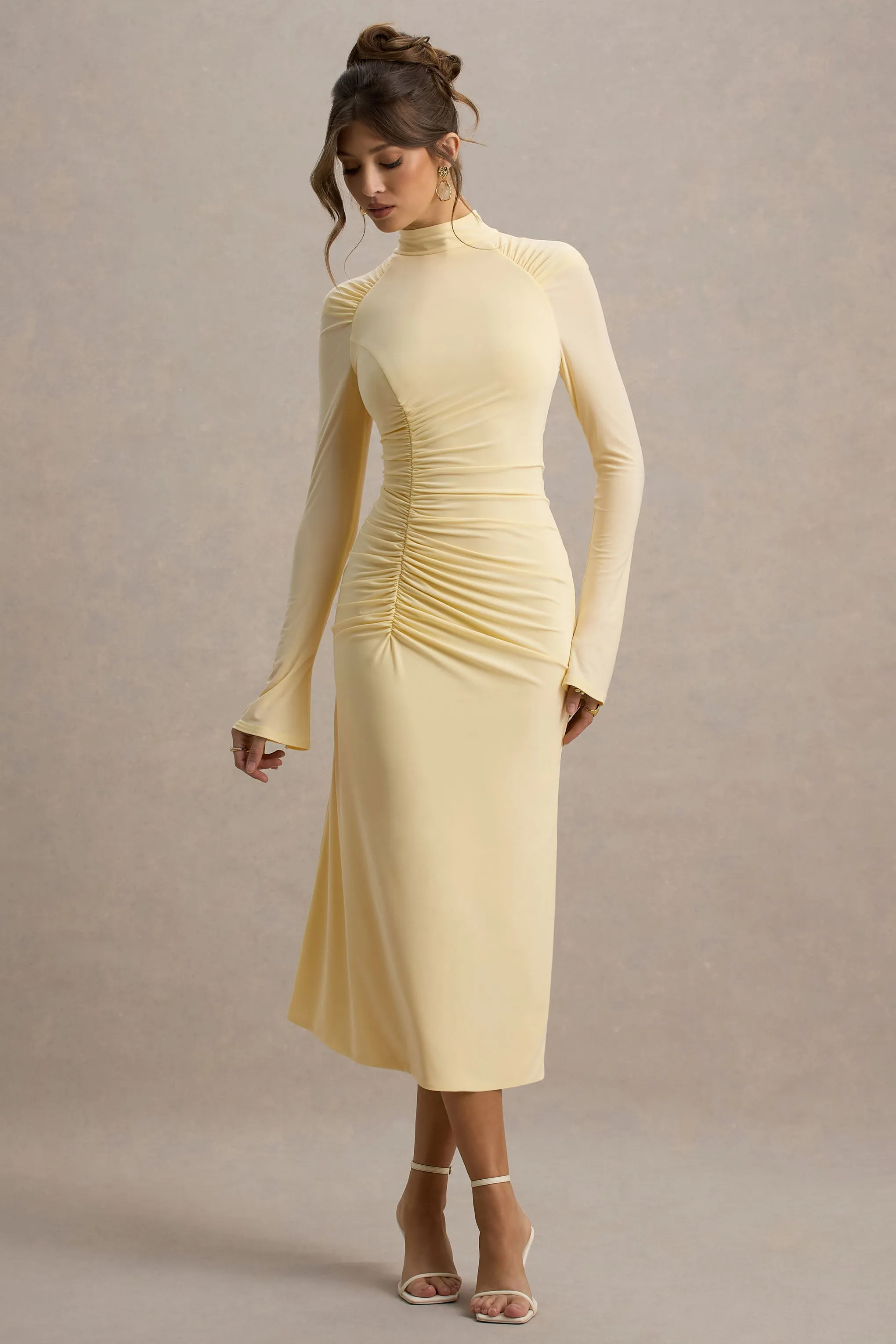 Cassandra | Pale Lemon High-Neck Long-Sleeve Midi Dress Club L London