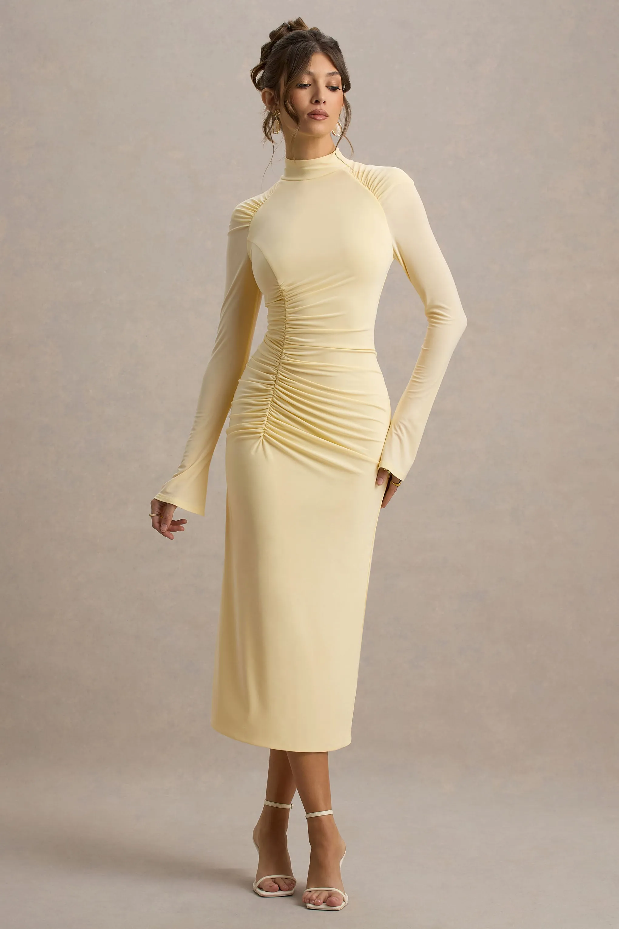 Cassandra | Pale Lemon High-Neck Long-Sleeve Midi Dress Club L London