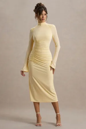 Cassandra | Pale Lemon High-Neck Long-Sleeve Midi Dress Club L London