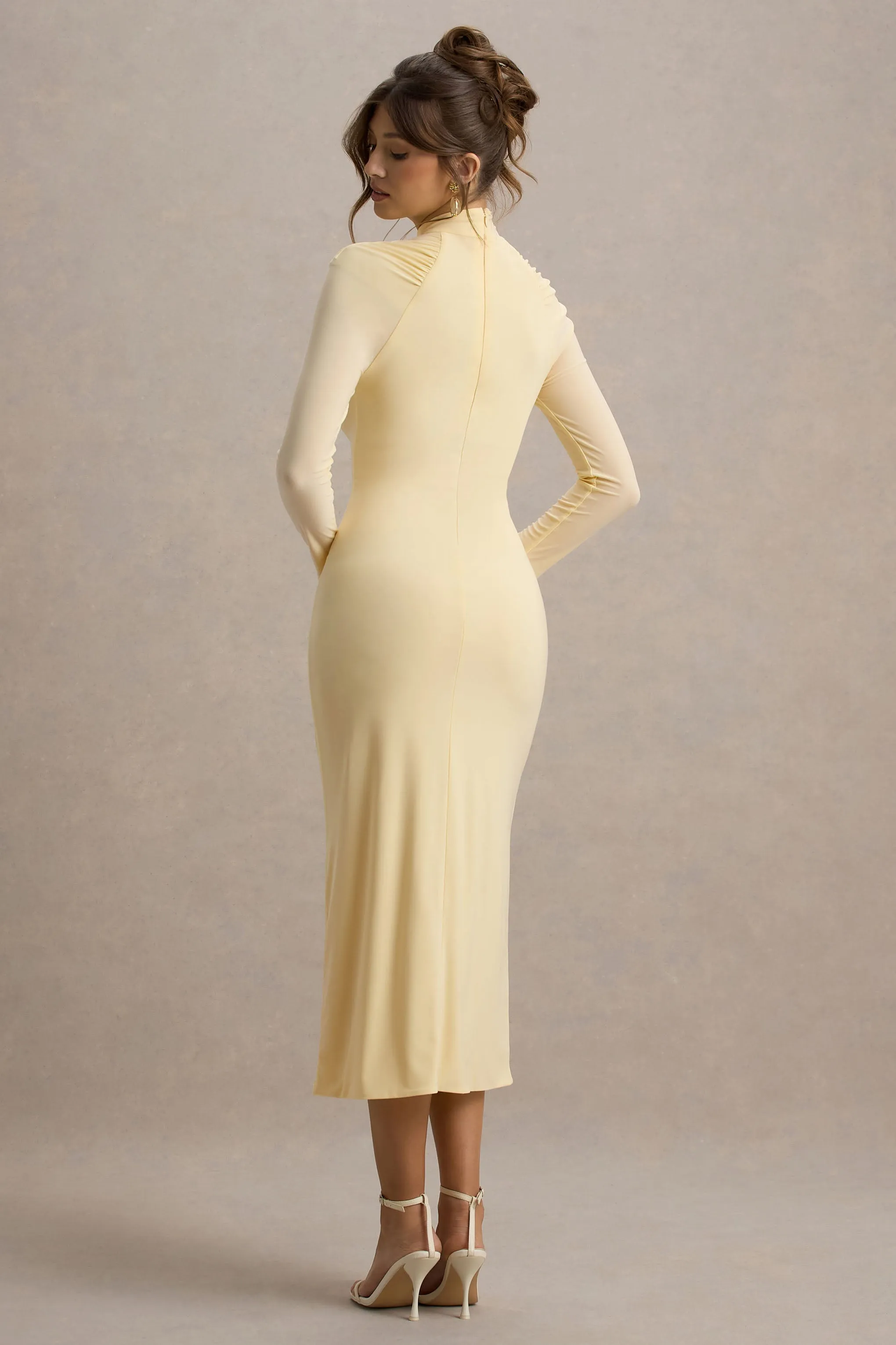 Cassandra | Pale Lemon High-Neck Long-Sleeve Midi Dress Club L London
