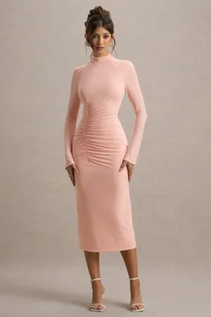Cassandra | Pink High-Neck Long-Sleeve Midi Dress Club L London