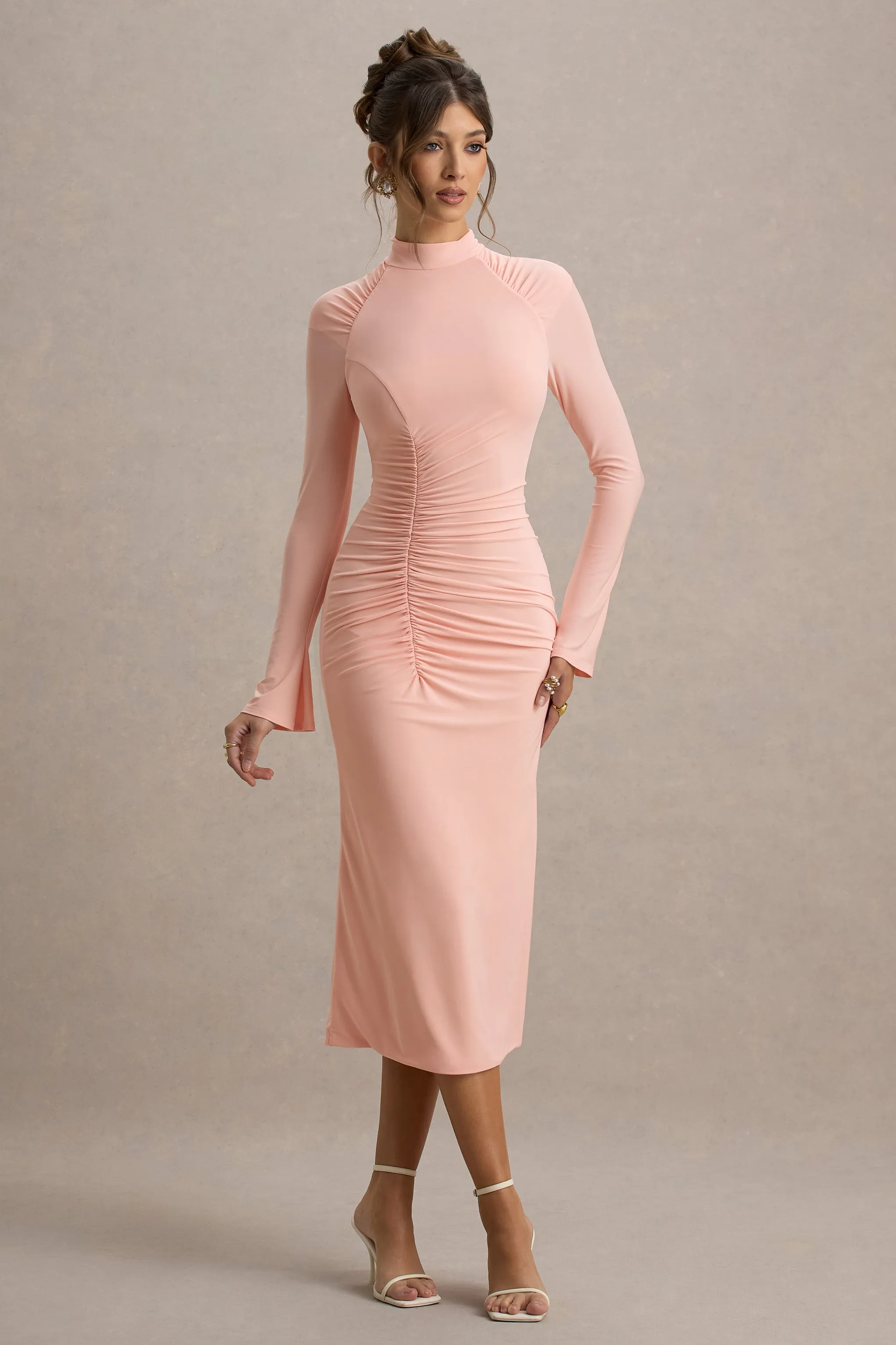 Cassandra | Pink High-Neck Long-Sleeve Midi Dress Club L London