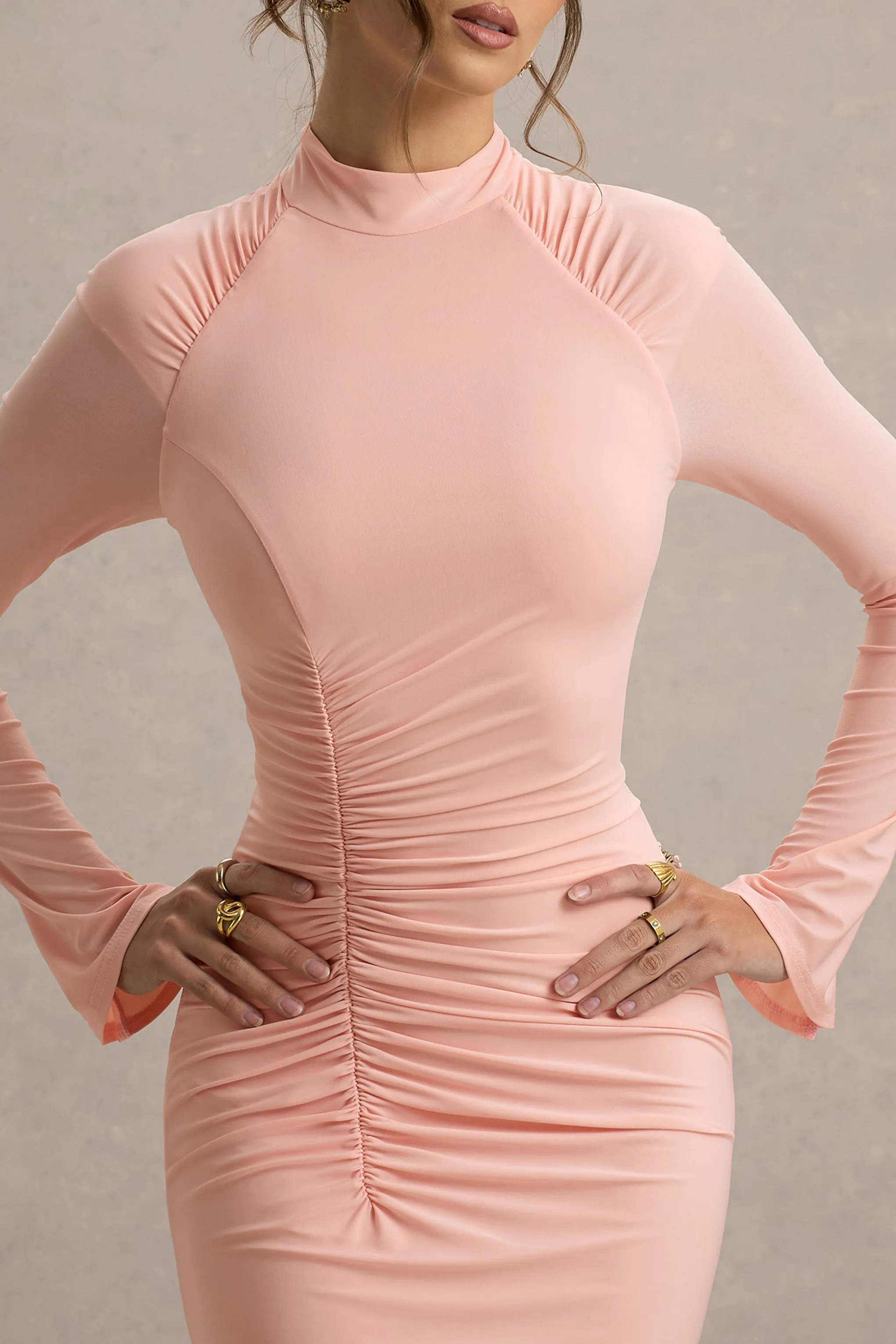Cassandra | Pink High-Neck Long-Sleeve Midi Dress Club L London