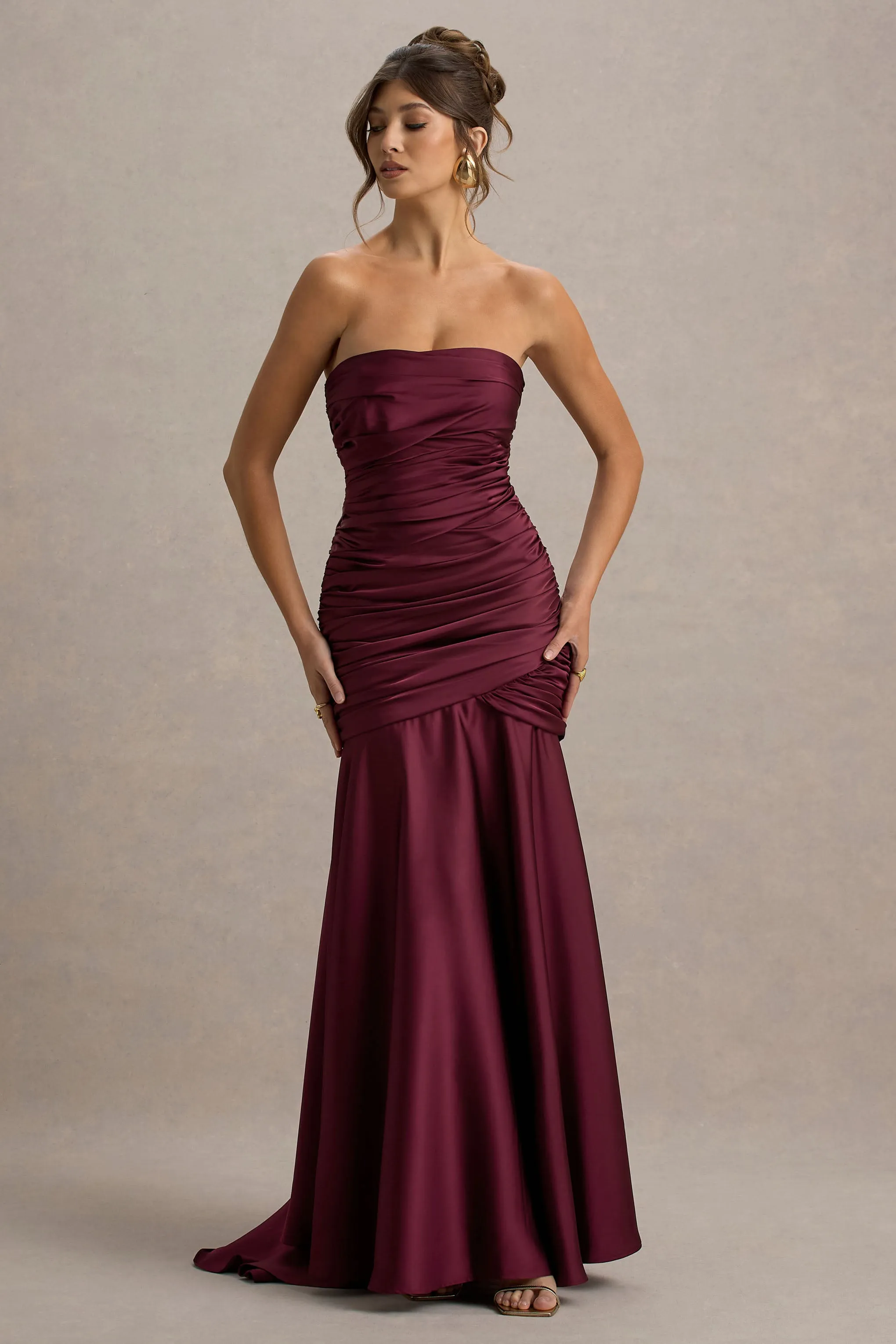 Cassidy | Burgundy Satin Bandeau Gathered Maxi Dress Club L London