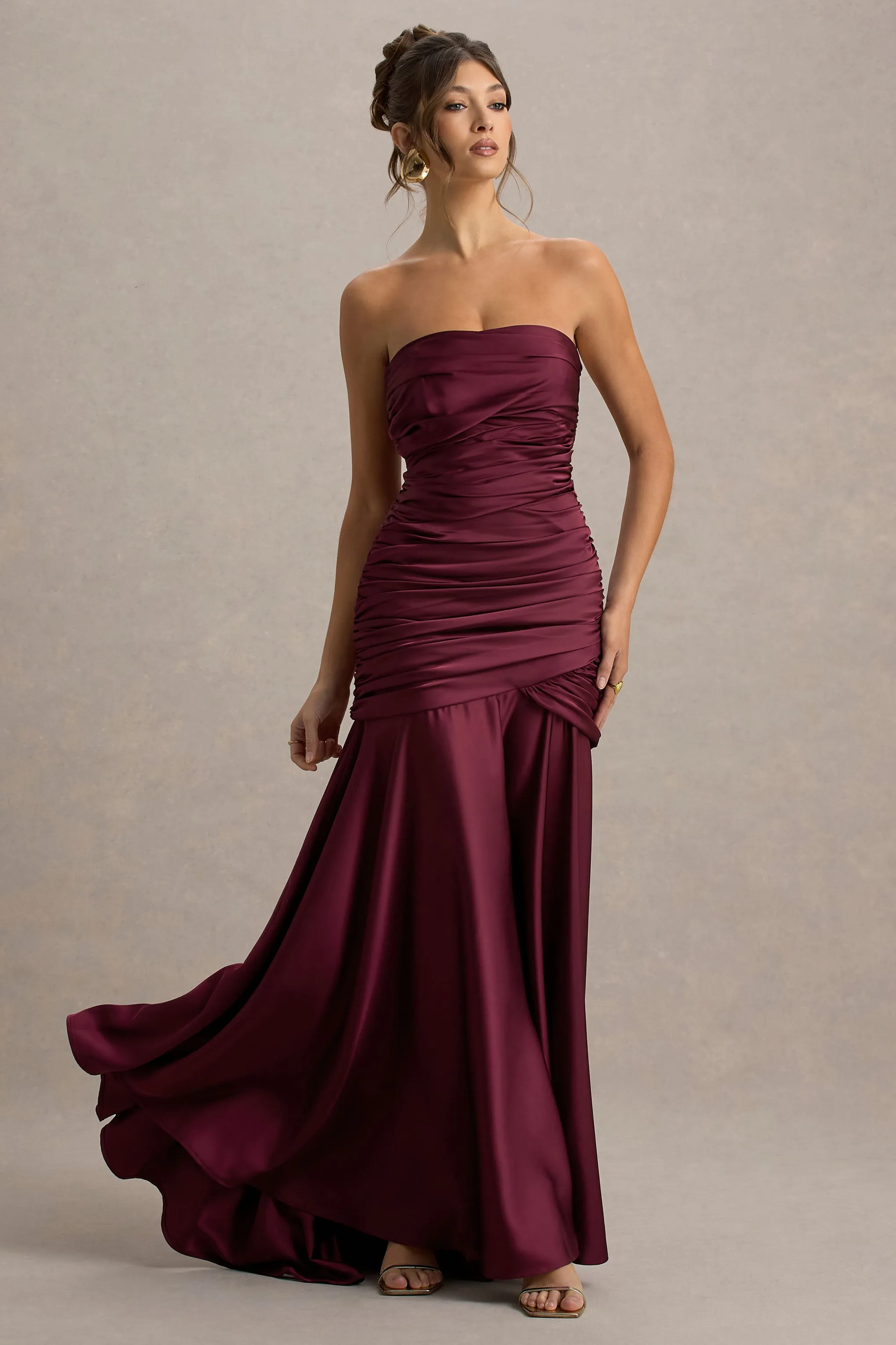 Cassidy | Burgundy Satin Bandeau Gathered Maxi Dress Club L London