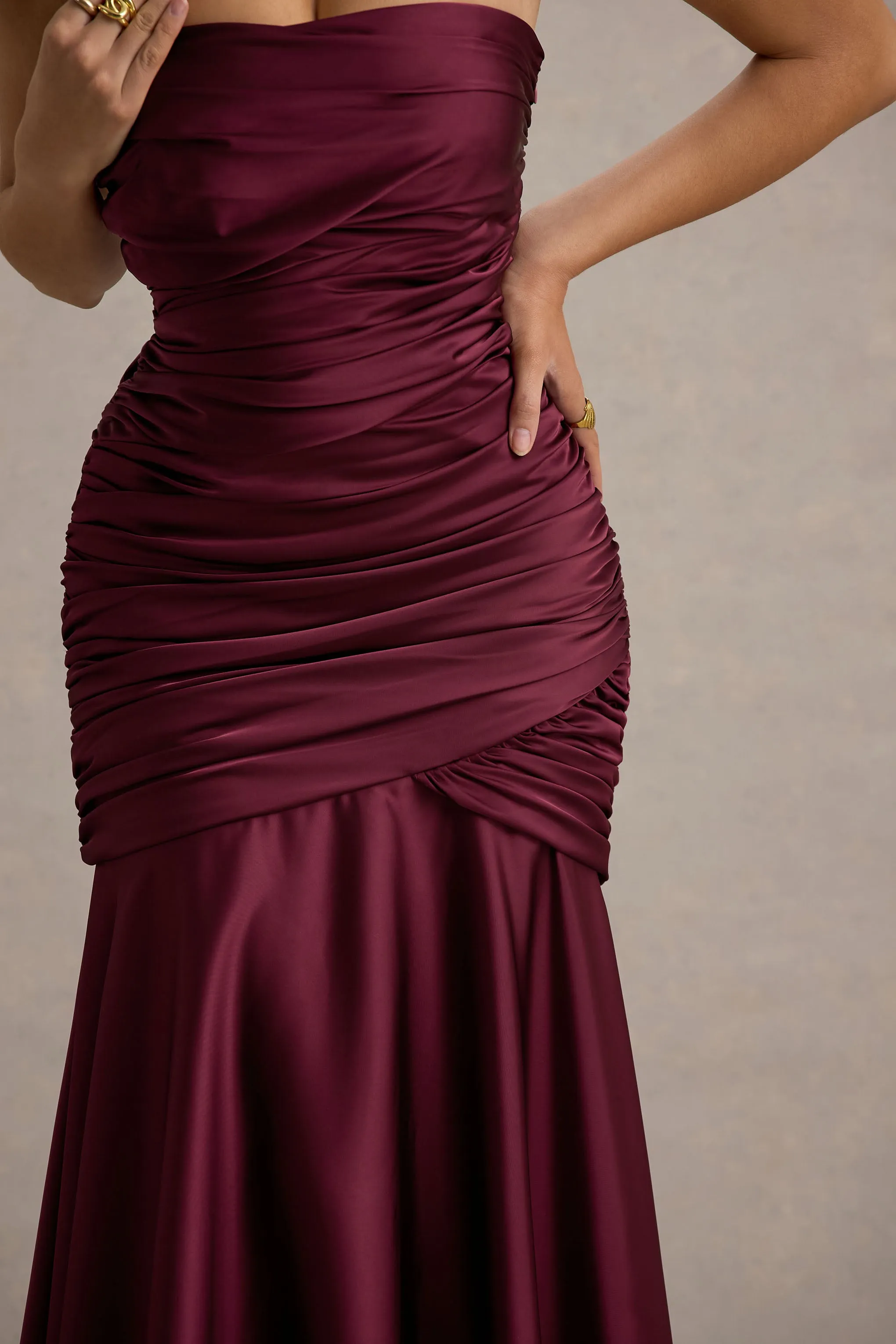 Cassidy | Burgundy Satin Bandeau Gathered Maxi Dress Club L London