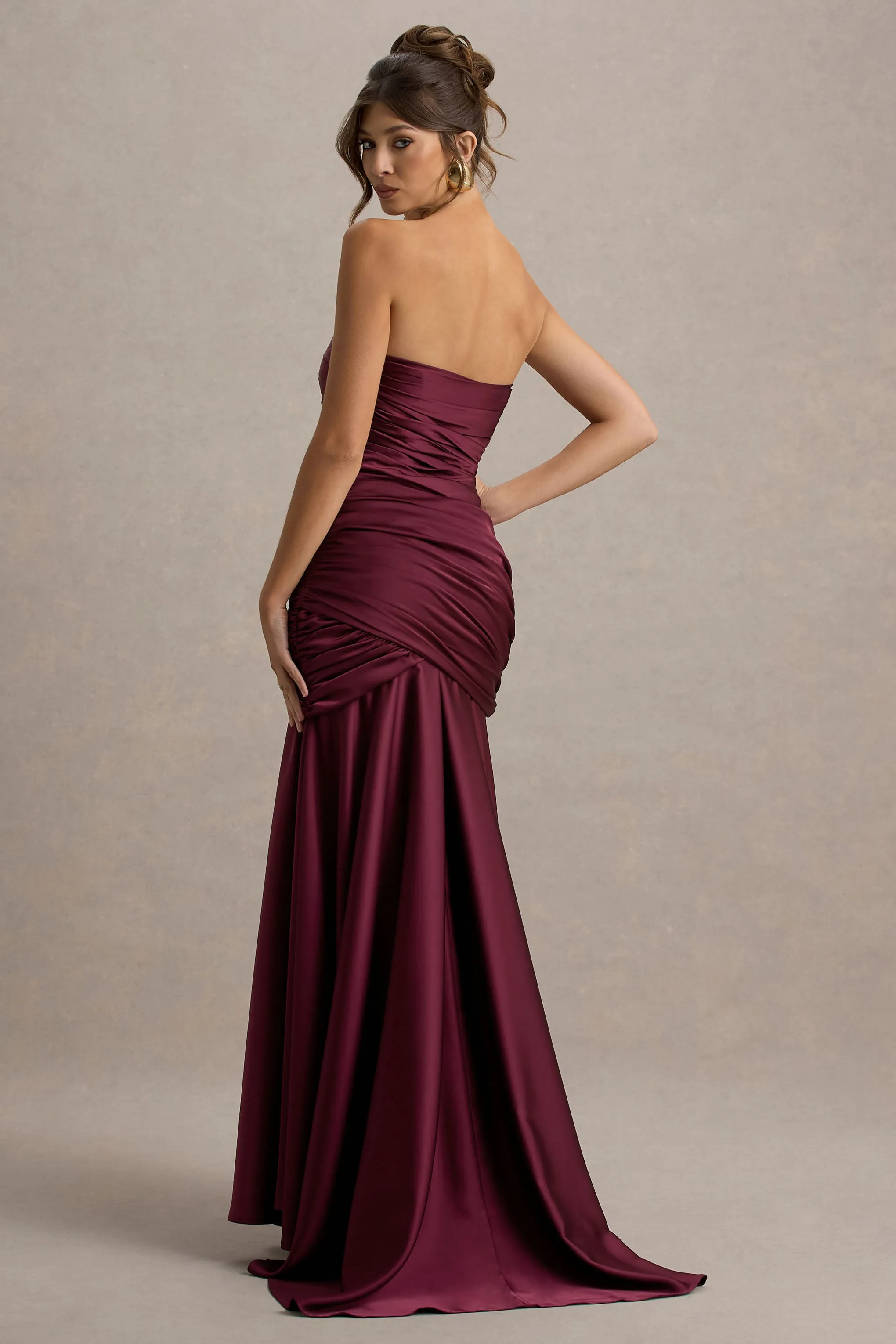 Cassidy | Burgundy Satin Bandeau Gathered Maxi Dress Club L London