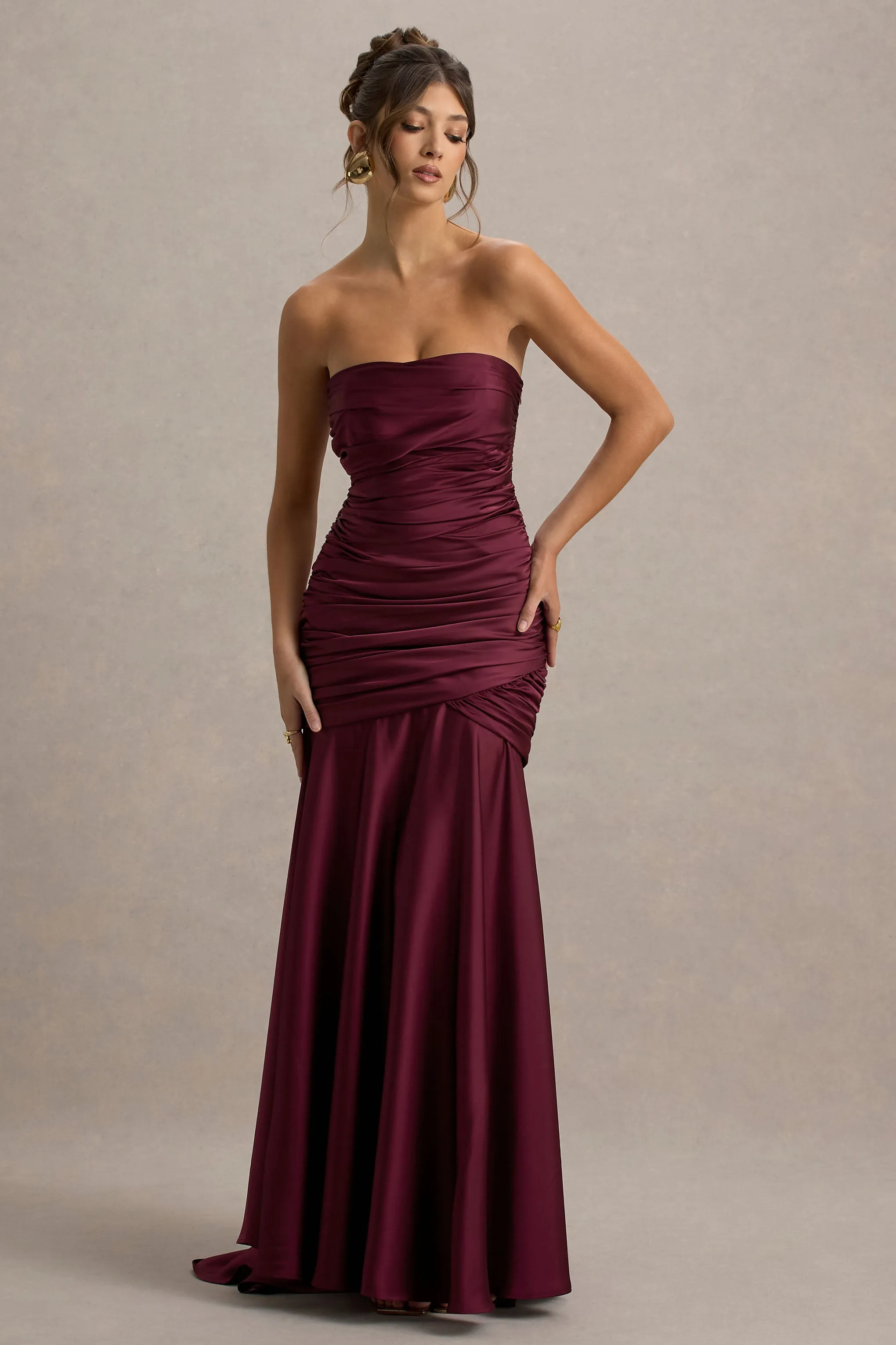 Cassidy | Burgundy Satin Bandeau Gathered Maxi Dress Club L London