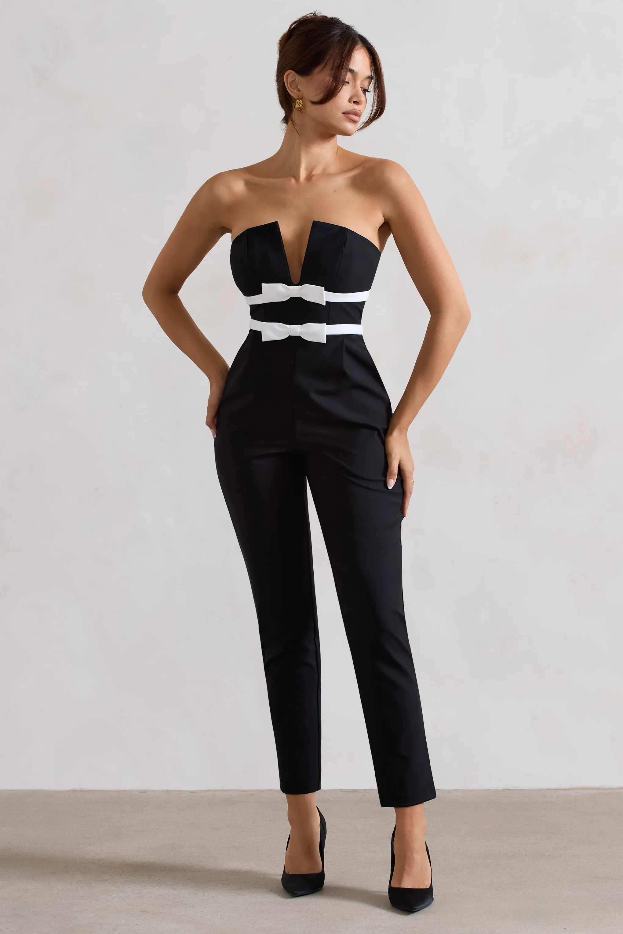 Casta | Black Strapless Tailored Straight-Leg Jumpsuit With Bows Club L London