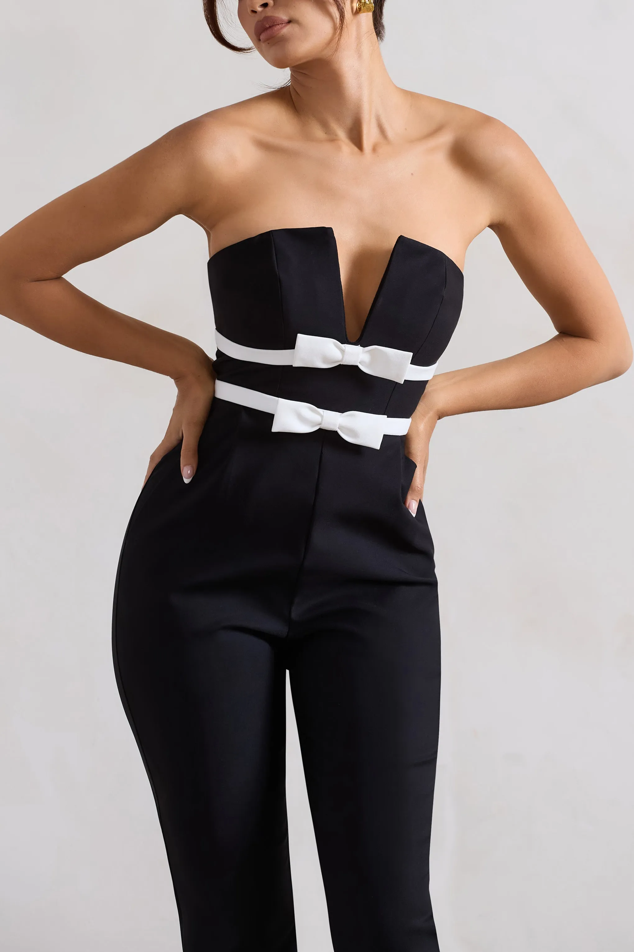 Casta | Black Strapless Tailored Straight-Leg Jumpsuit With Bows Club L London