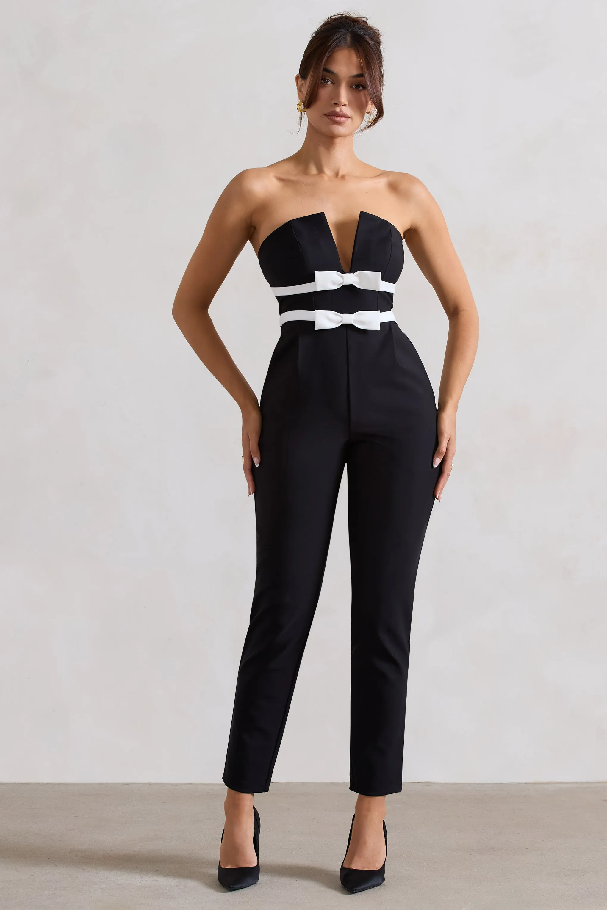 Casta | Black Strapless Tailored Straight-Leg Jumpsuit With Bows Club L London