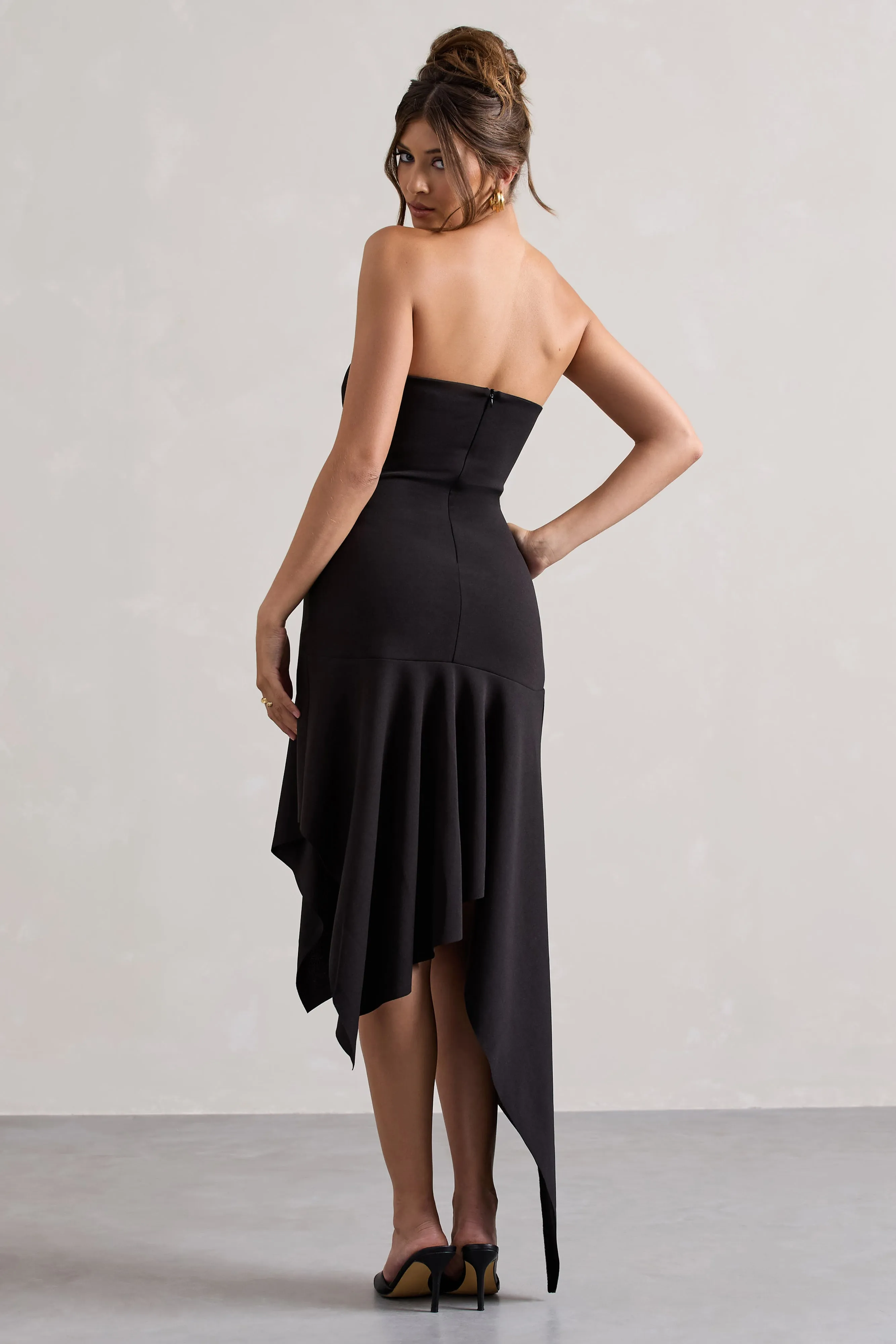 Catalina | Black Bandeau Maxi Dress With Draped Hem Club L London