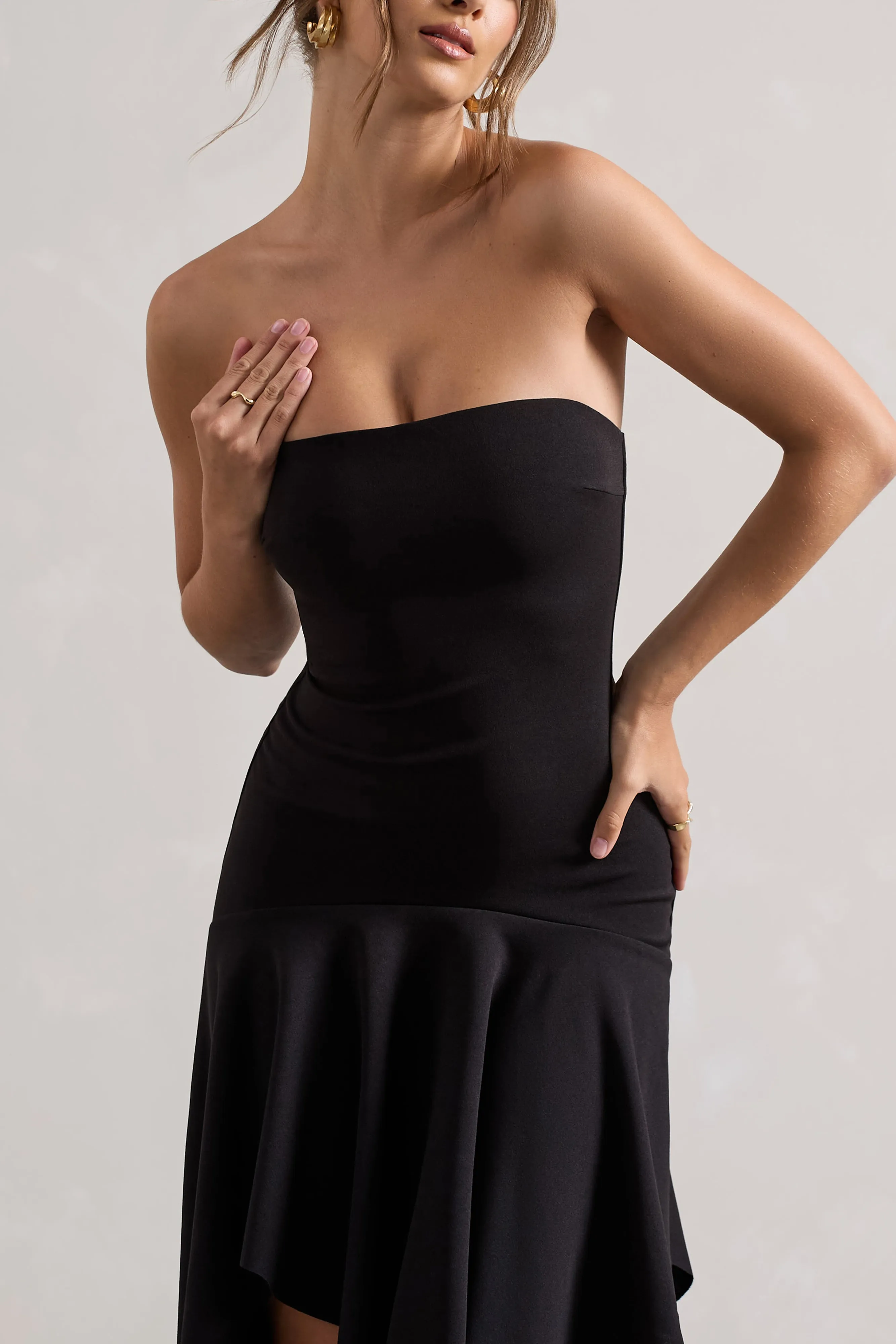 Catalina | Black Bandeau Maxi Dress With Draped Hem Club L London