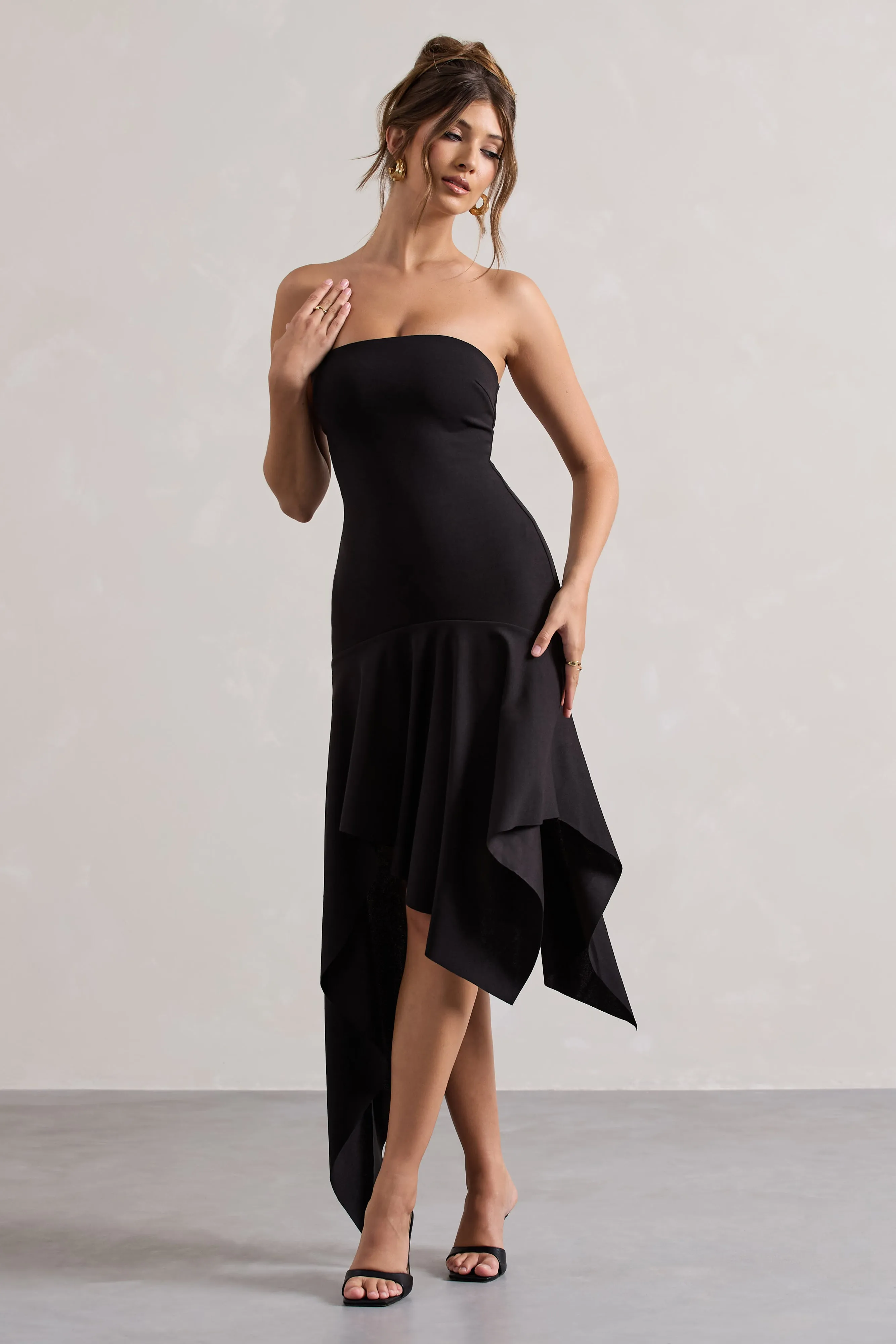 Catalina | Black Bandeau Maxi Dress With Draped Hem Club L London