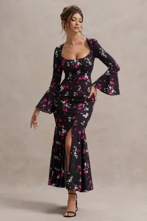 Catalonia | Black Ditsy Floral Print Chiffon Long-Sleeve Split Maxi Dress Club L London
