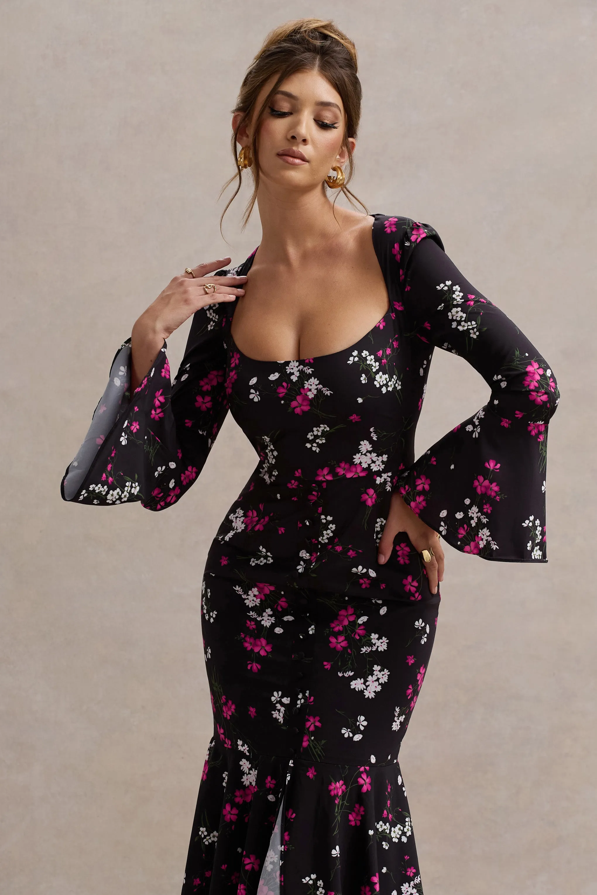 Catalonia | Black Ditsy Floral Print Chiffon Long-Sleeve Split Maxi Dress Club L London