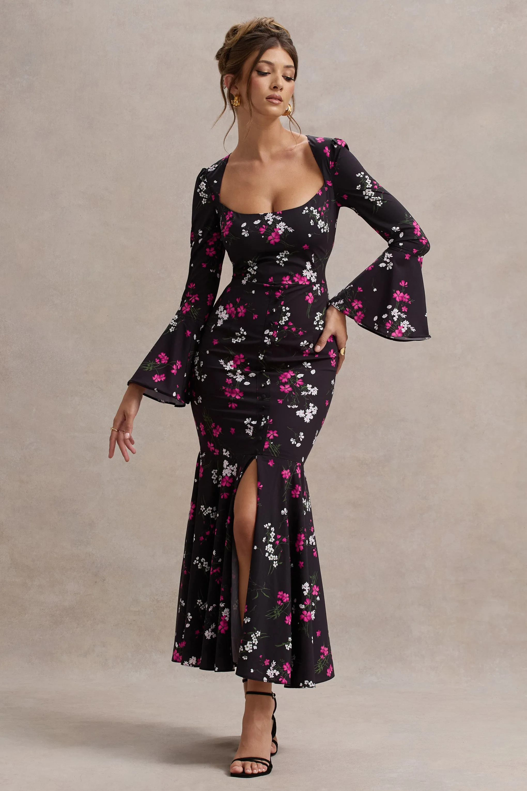 Catalonia | Black Ditsy Floral Print Chiffon Long-Sleeve Split Maxi Dress Club L London