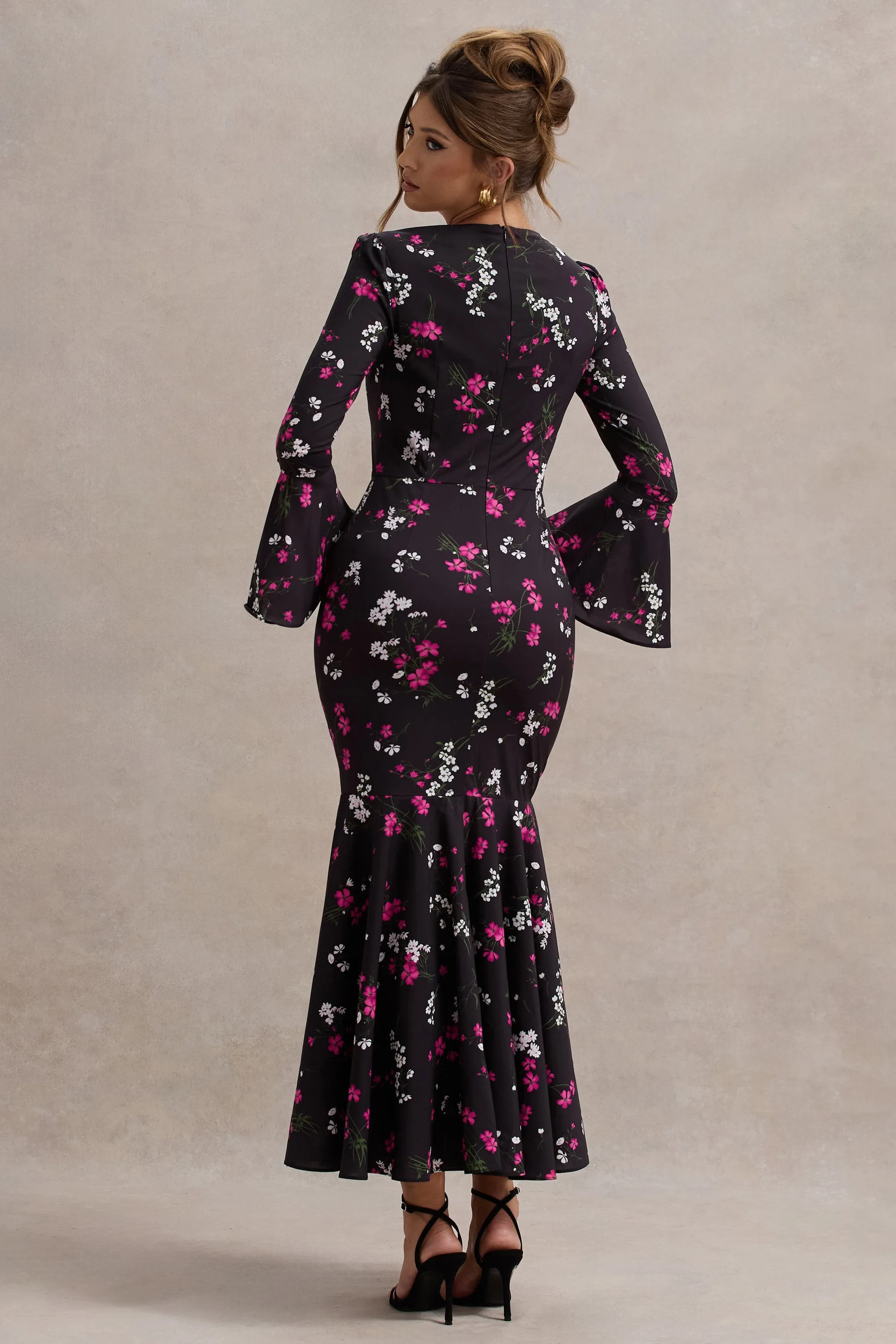 Catalonia | Black Ditsy Floral Print Chiffon Long-Sleeve Split Maxi Dress Club L London