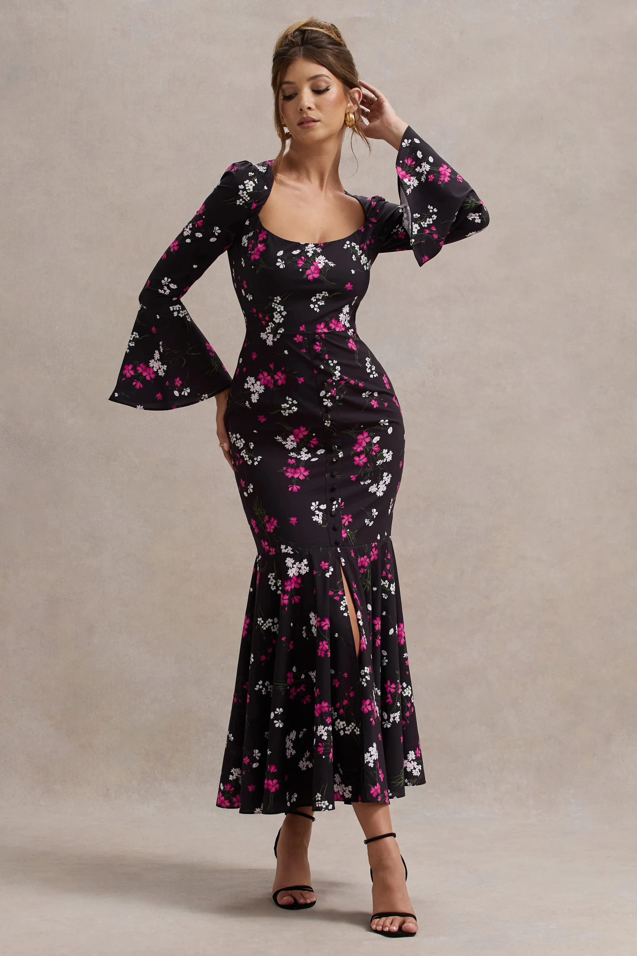 Catalonia | Black Ditsy Floral Print Chiffon Long-Sleeve Split Maxi Dress Club L London