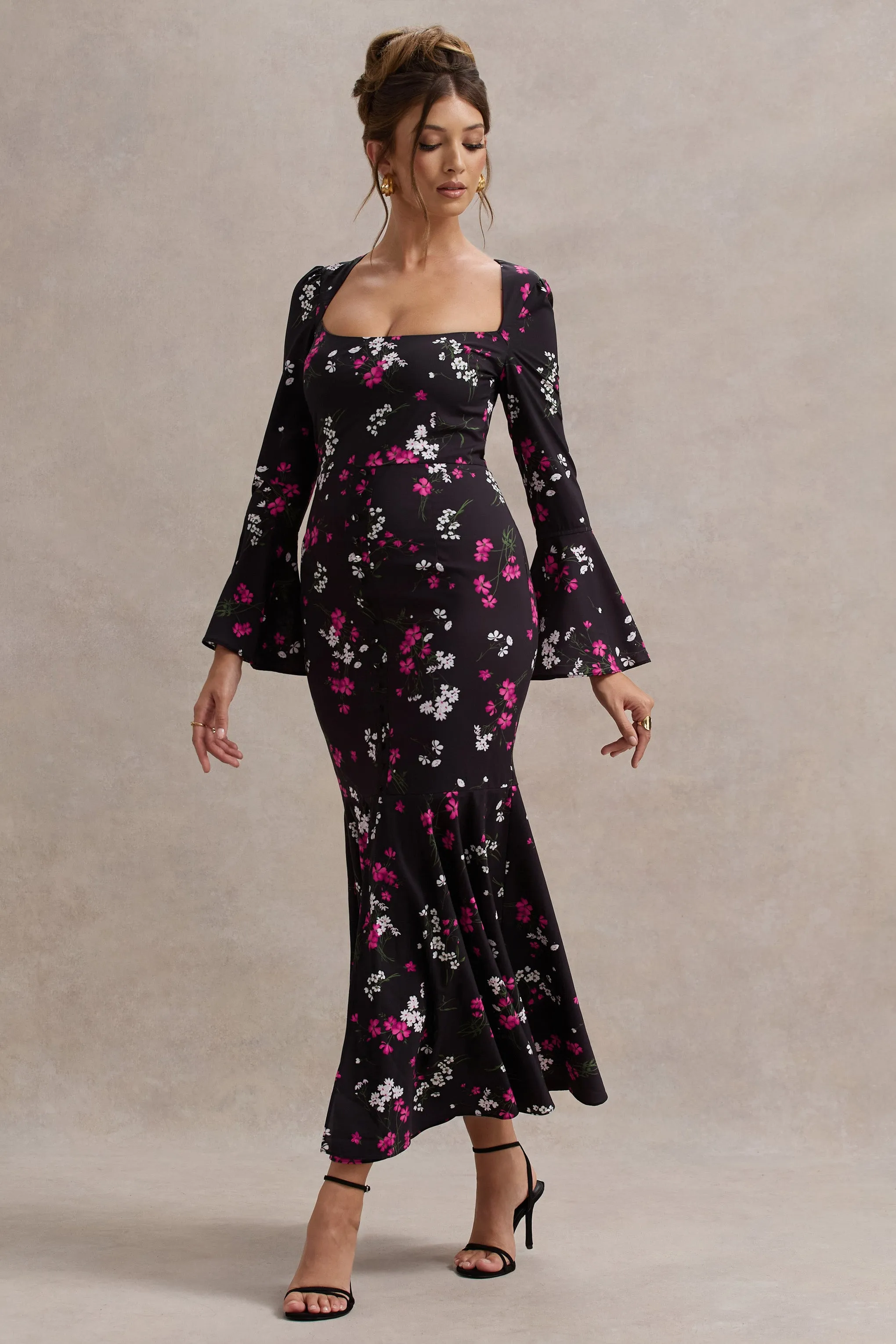Catalonia | Black Ditsy Floral Print Chiffon Long-Sleeve Split Maxi Dress Club L London