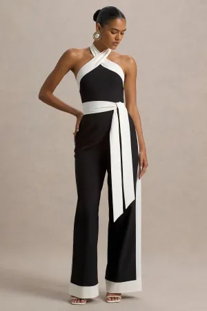 Caterina | Black & White Halter-Neck Wide-Leg Jumpsuit Club L London
