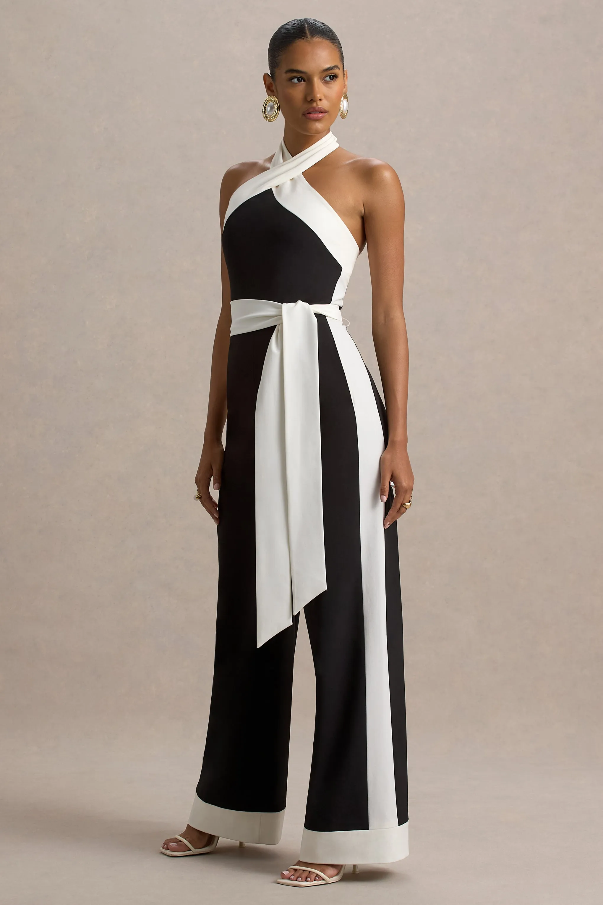 Caterina | Black & White Halter-Neck Wide-Leg Jumpsuit Club L London