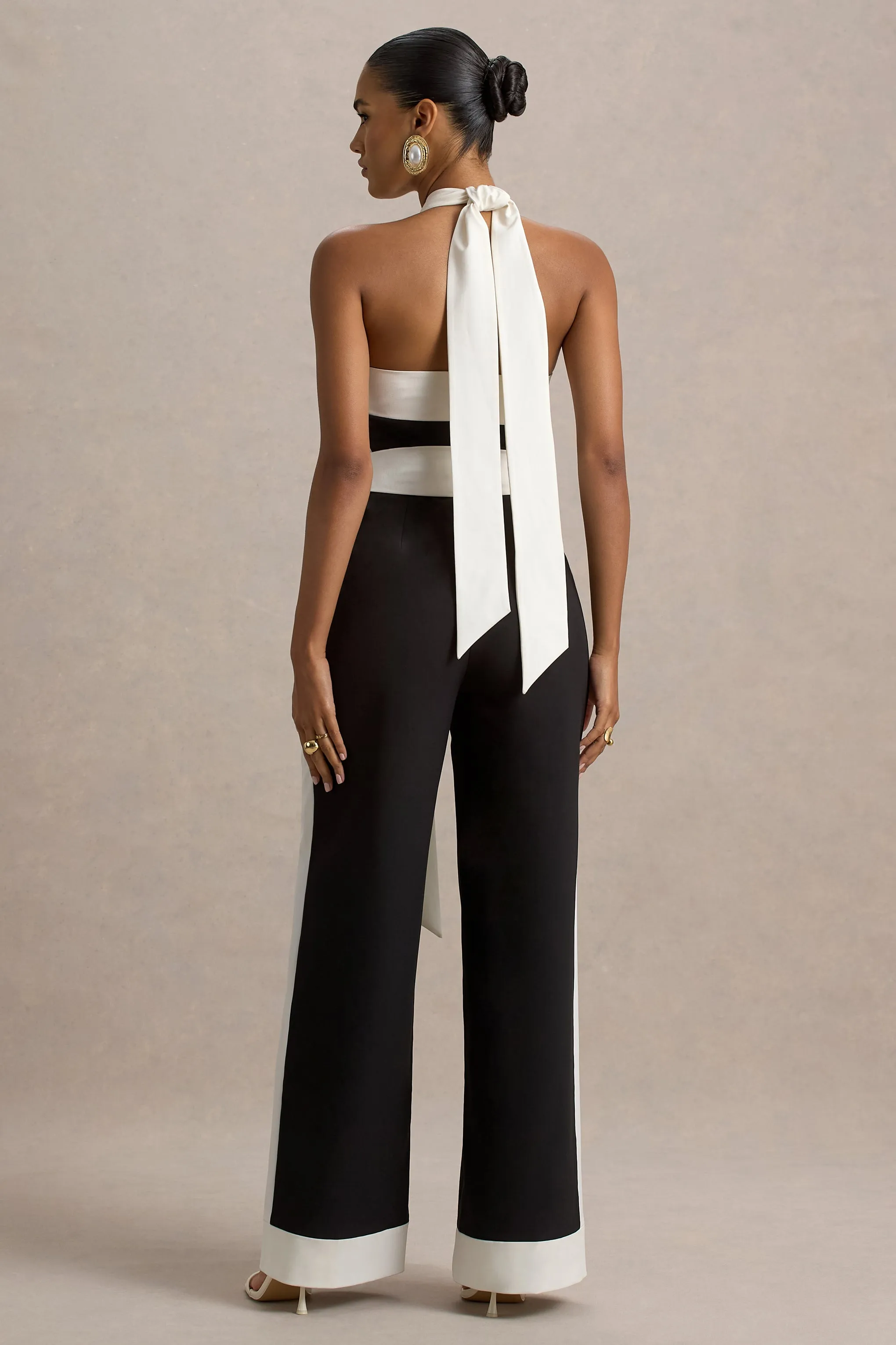 Caterina | Black & White Halter-Neck Wide-Leg Jumpsuit Club L London
