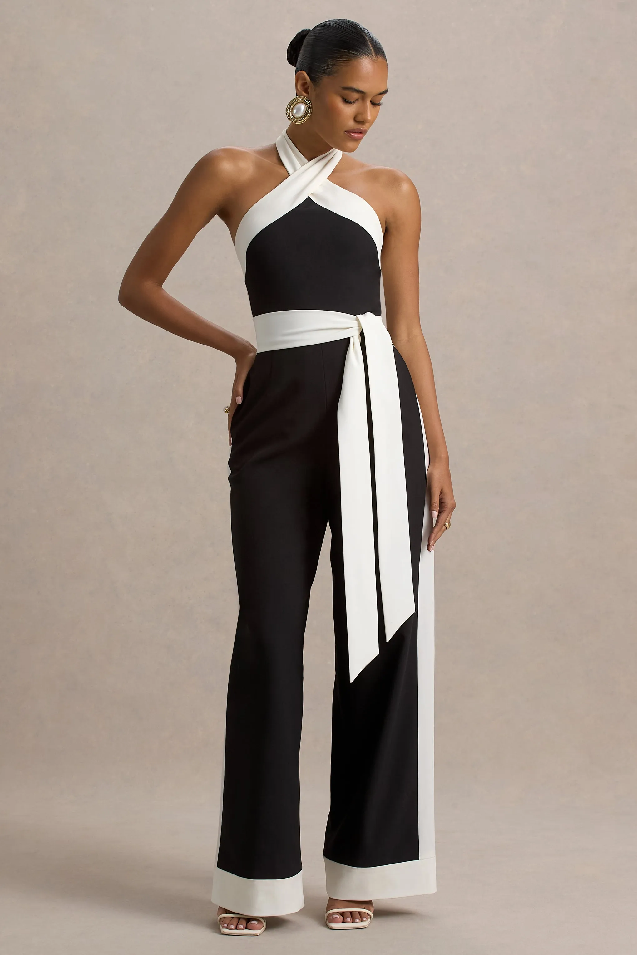 Caterina | Black & White Halter-Neck Wide-Leg Jumpsuit Club L London