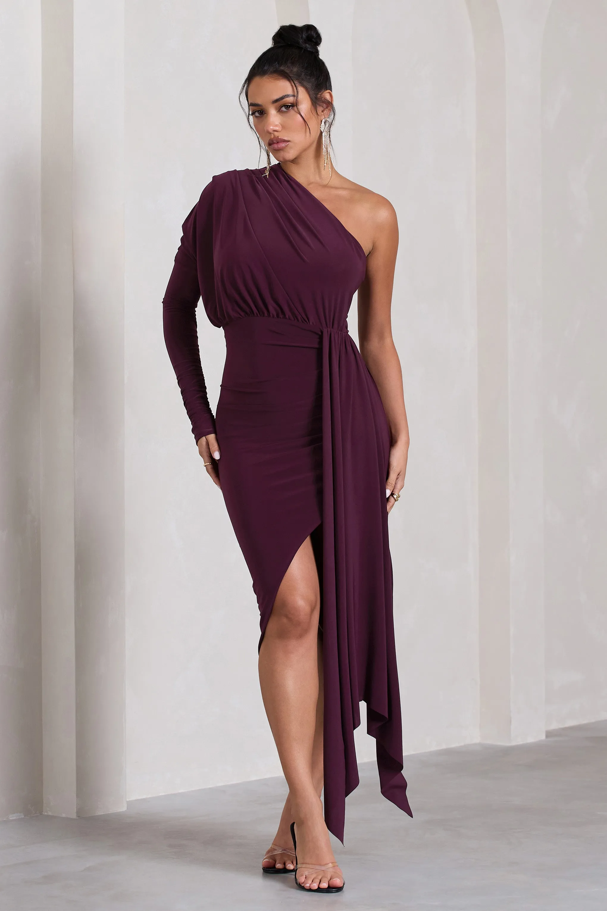 Catherine | Plum One Sleeve Asymmetric Midi Dress With Statement Drape Club L London