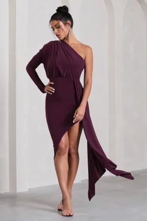 Catherine | Plum One Sleeve Asymmetric Midi Dress With Statement Drape Club L London