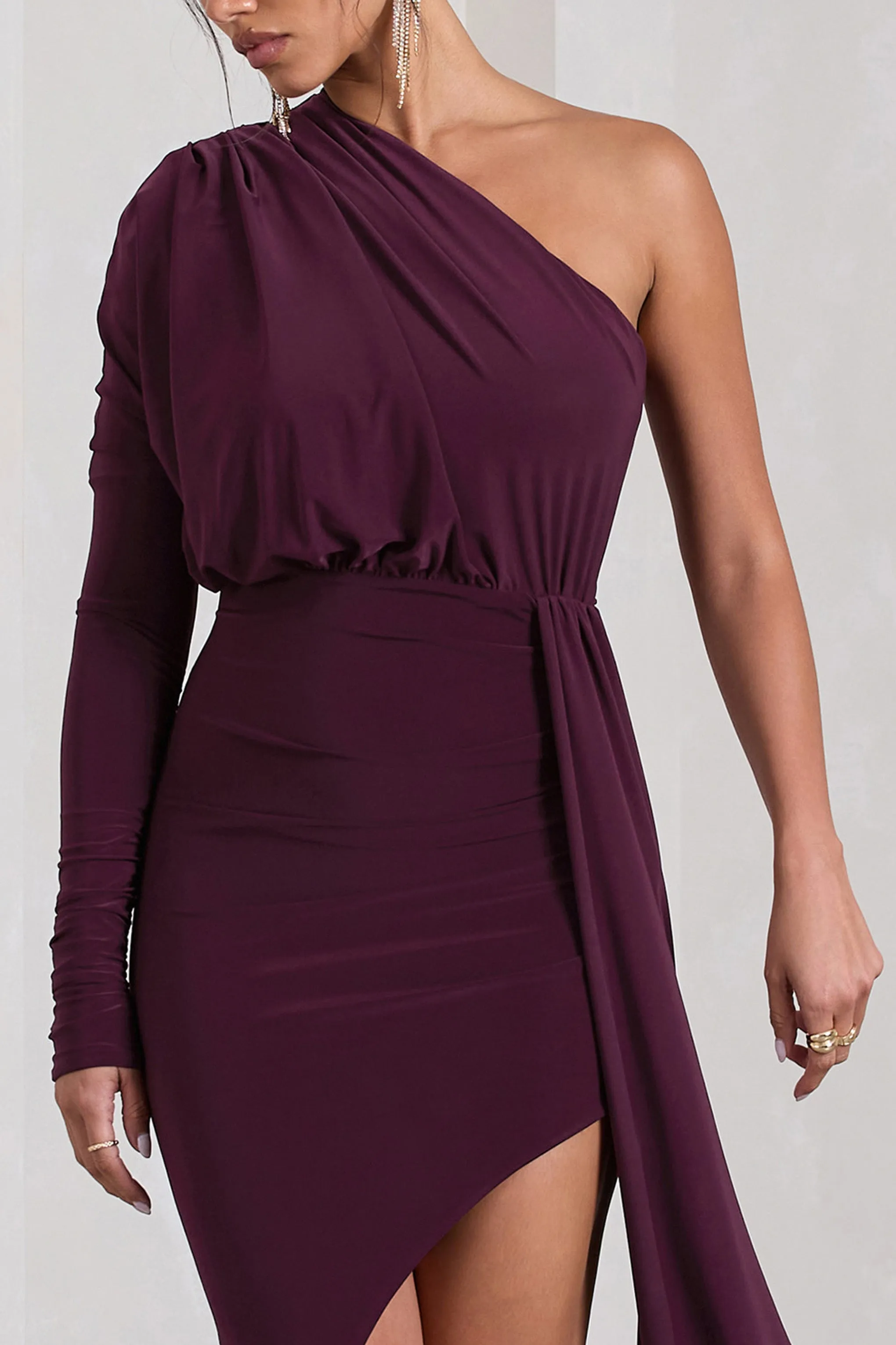 Catherine | Plum One Sleeve Asymmetric Midi Dress With Statement Drape Club L London