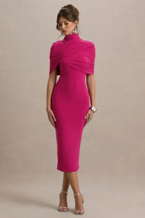 Cecille | Hot Pink Midi Dress With Cape Sleeve Detail Club L London