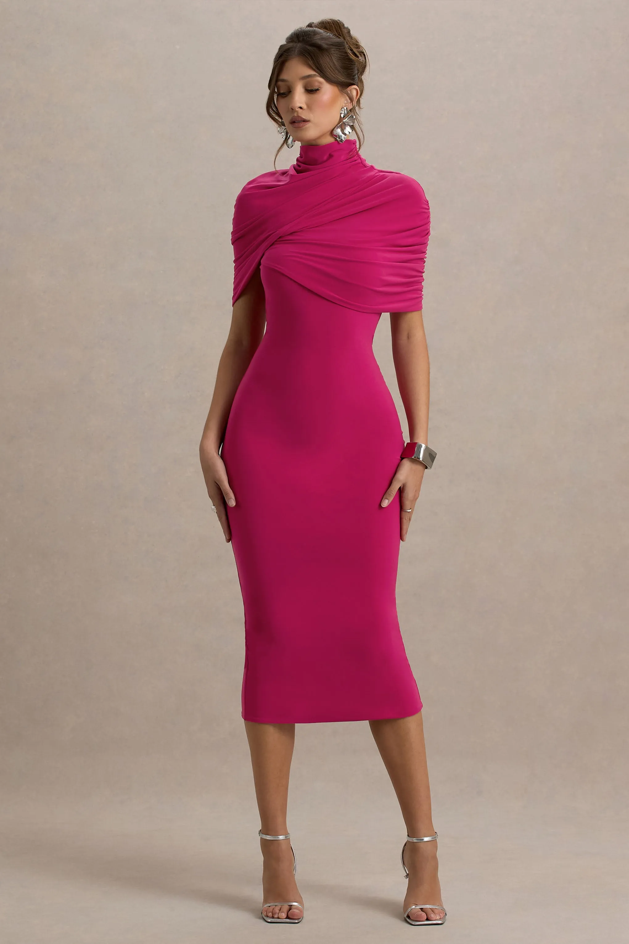 Cecille | Hot Pink Midi Dress With Cape Sleeve Detail Club L London