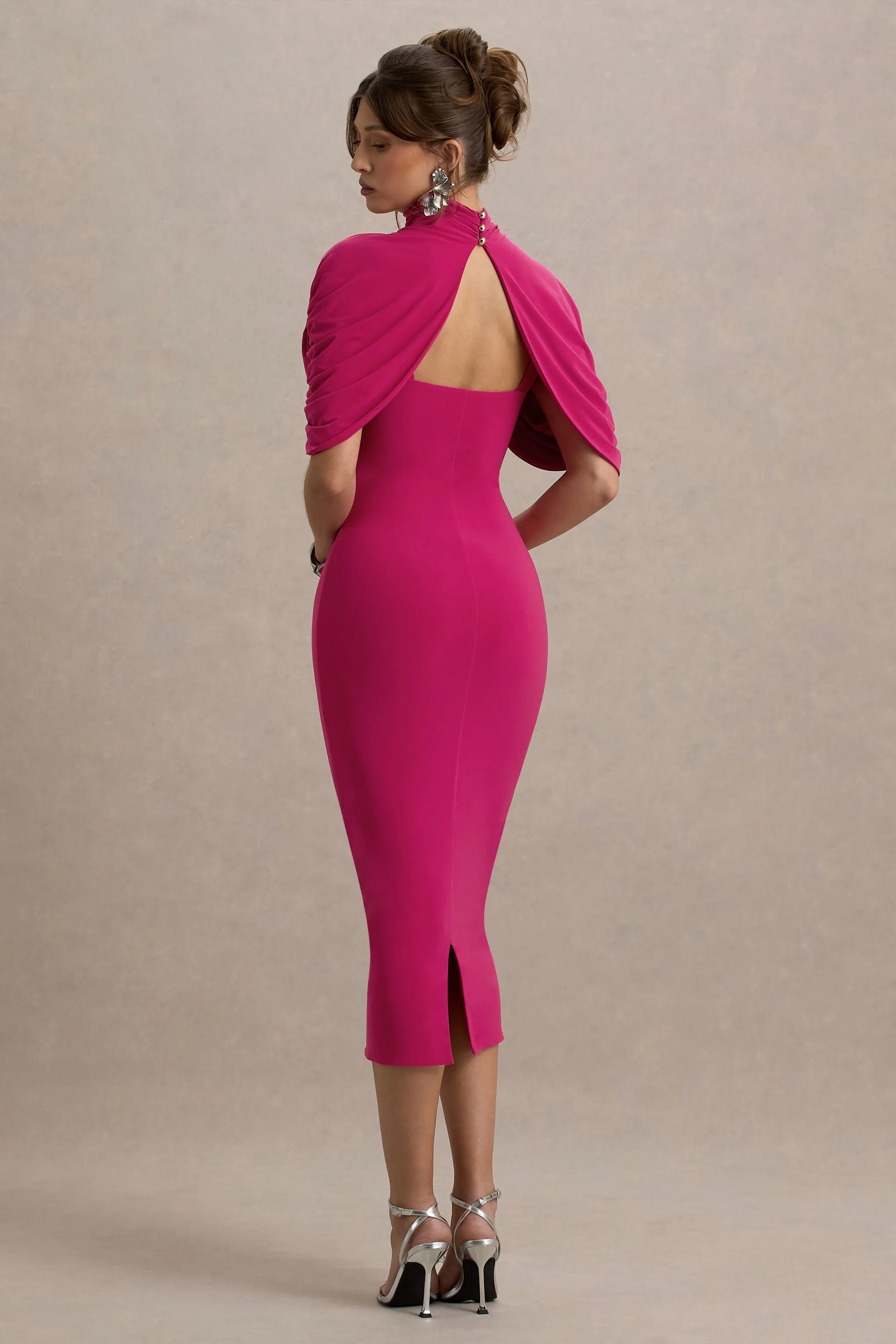 Cecille | Hot Pink Midi Dress With Cape Sleeve Detail Club L London