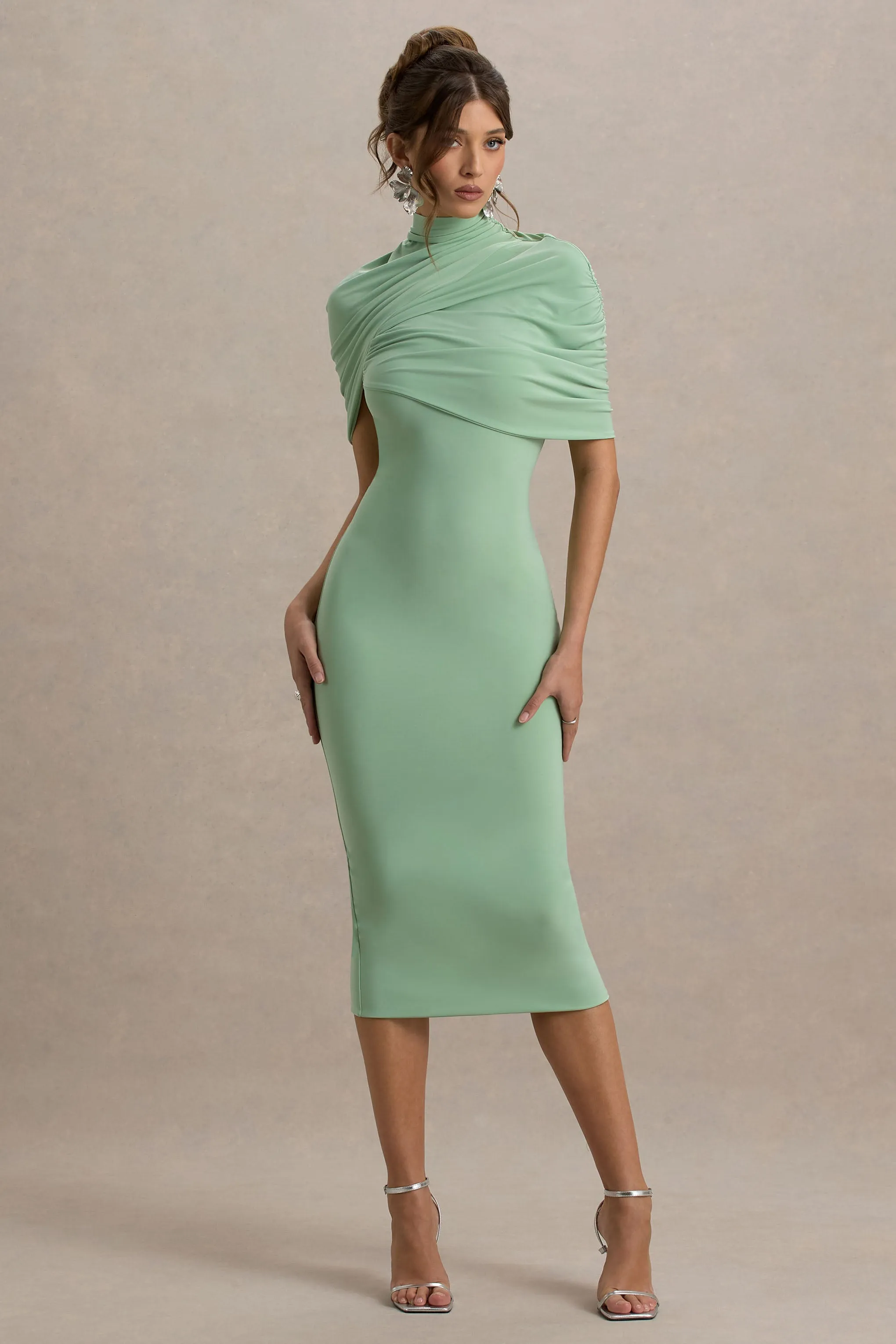 Cecille | Light Green Midi Dress With Cape Sleeve Detail Club L London