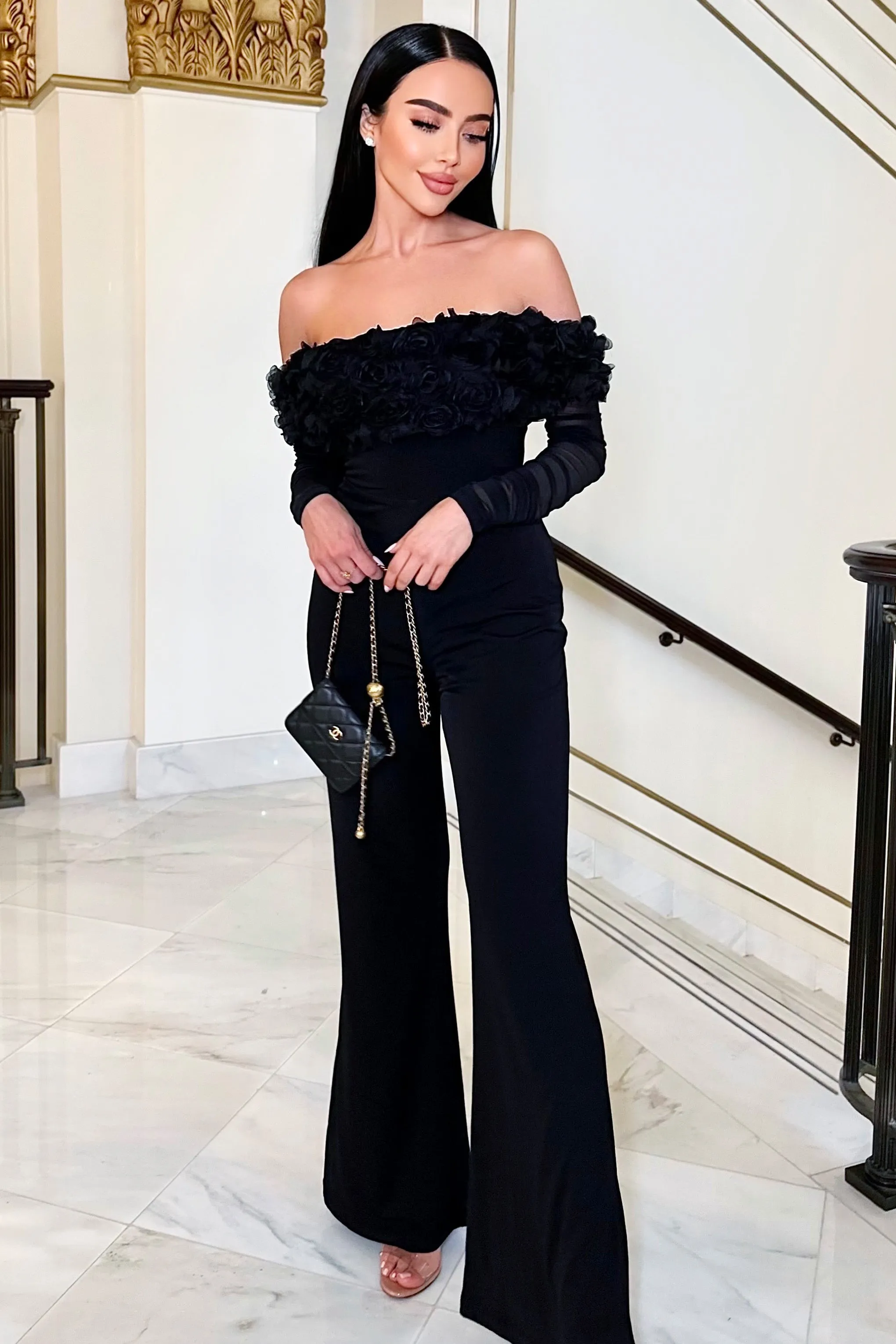 Celebrate | Black Bardot Long-Sleeved Flared-Leg Jumpsuit With Flowers Club L London