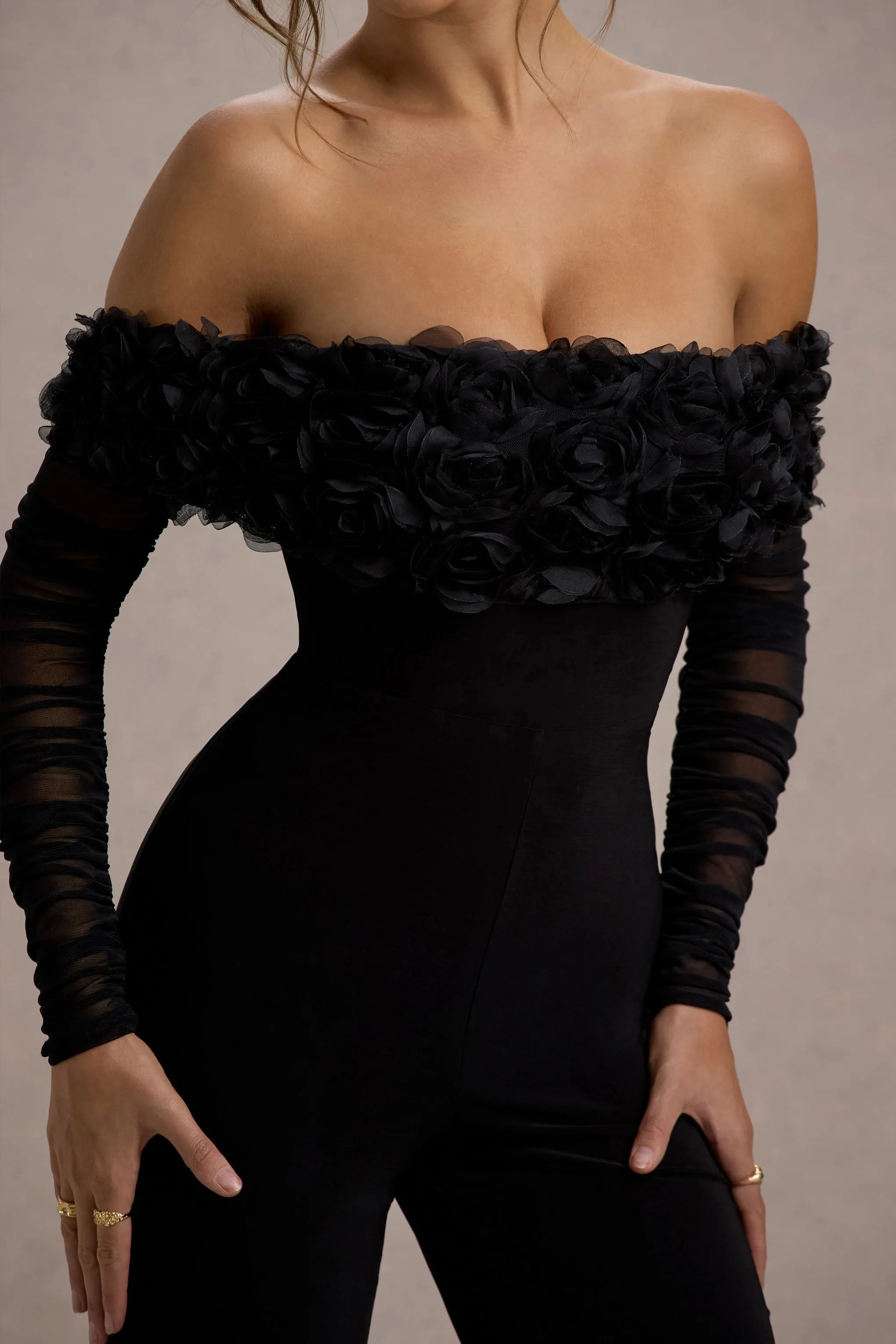 Celebrate | Black Bardot Long-Sleeved Flared-Leg Jumpsuit With Flowers Club L London